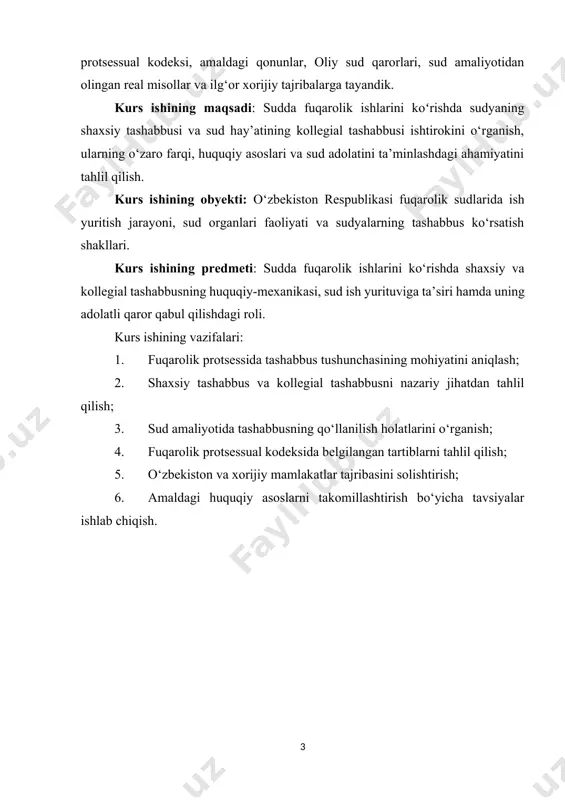 ish; 4. fuqarolik protsessual kodeksida belgilangan tartiblarni tahlil qilish; 5. o‘zbekiston va xorijiy mamlakatlar tajribasini solishtirish; 6. amaldagi huquqiy asoslarni takomillashtirish bo‘yicha tavsiyalar ishlab chiqish. 1-bob. fuqarolik sud ishlarini yuritishda tashabbus tushunchasi va huquqiy asoslari 1.1. fuqarolik protsessida shaxsiy tashabbusning nazariy asoslari fuqarolik protsessual huquqi deganda fuqarolik ishlarini ko'rishda odil sudlovni amalga oshirish jarayonida sud va protsess ishtirokchilari o'rtasidagi ijtimoiy huquqiy munosabatlarning fuqarolik protsessual huquqi normalari bilan tartibga solinishi va bu boradagi fuqarolik protsessual huquqiy munosabatlar tizimini o'rganuvchi huquq tarmog'i, fan sohasi tushuniladi. fuqarolik protsessi - fuqarolik protsessual huquqining yashash shakli, asosiy tarkibiy qismi boʻlib, sof protsessual harakatlar tizimini o'zida ifodalaydi. ayrim ilmiy ishlanmalarda fuqarolik protsessi atamasi fuqarolik protsessual huquqi tushunchasining qisqartmasi ham deyiladi. fuqarolik protsessual huquqi o'z mazmun-mohiyatiga koʻra nazariy, amaliy va ilmiy ahamiyatga ega bo'lib, huquqning bir tarmog'i sifatida maxsus fan sifatida o'rganiladi. fuqarolik protsessual huquqi nazariy jihatdan fuqarolik sud ishlarini yuritish to'g'risidagi qonun hujjatlari (moddiy va protsessual …