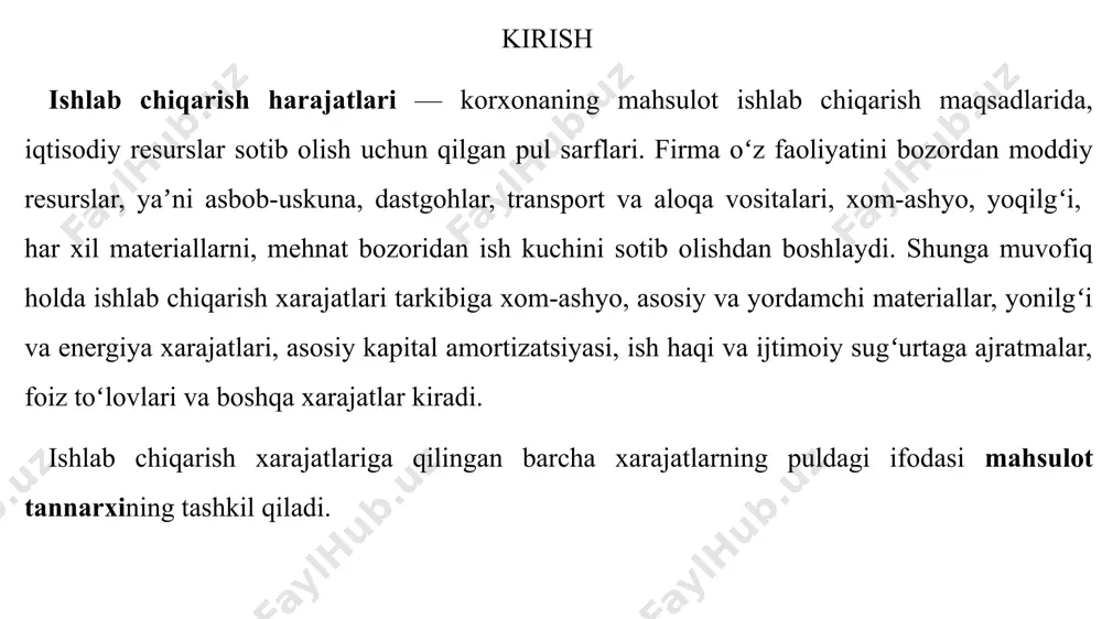 birligining tannarxi bir xil bo‘ladi. mahsulotlar birliklar miqdori a mahsulot 100 b mahsulot 400 jami 500 qo‘shma ishlab chiqarish jarayoni, qo‘shma mahsulot va ikkilamchi mahsulotlar shunday tarmoqlarga talluqli, qaysiki bir turdagi mahsulotni ishlab chiqarish boshqasini ishlab chiqarish bilan texnologik bog‘liqlikda bo‘ladi. qo‘shma ishlab chiqarish jarayoni (joint production process) bu bir ishlab chiqarish jarayonida ikkita va undan ortiq mahsulot ishlab chiqarilgan hollarda yuzaga keladi. qo‘shma mahsulot (joint product) deganda esa qo‘shma ishlab chiqarish jarayonidan olinadigan mahsulotlarga aytiladi. ayrim adabiyotlarda qo‘shma mahsulot va asosiy mahsulotni bir-biridan farqlashadi. qo‘shma ishlab chiqarish natijasida bir nechta mahsulot yuqori sotish qiymatiga ega bo‘lsa bu qo‘shma mahsulot deb ataladi. agar qo‘shma mahsulotlarning ichida bittasi boshqalariga nisbatan yuqori sotish qiymatiga ega bo‘lsa bu asosiy mahsulot deb ataladi. demak, asosiy mahsulot qo‘shma mahsulotning eng asosiysi ekan. ikkilamchi mahsulot (by product) asosiy mahsulot bilan birgalikda ishlab chiqariladigan va texnologik jarajayonning ma’lum nuqtasida qo‘shma mahsulotdan ajraladigan hamda sotish narxi nisbatan kichik …