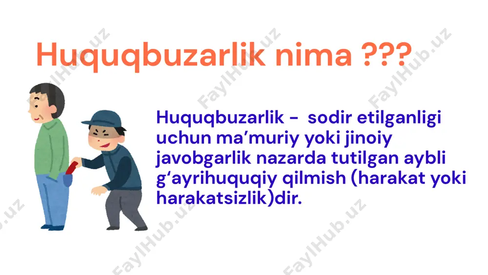 quqbuzarliklar profilaktikasini bevosita amalga oshiruvchi organlar ichki ishlar organlari; prokuratura organlari; davlat xavfsizlik xizmati organlari; o‘zbekiston respublikasi milliy gvardiyasi; korrupsiyaga qarshi kurashish agentligi; adliya organlari va boshqalar. korrupsiyaning salbiy oqibatlari korrupsiya — shaxsning o‘z mansab yoki xizmat mavqeyidan shaxsiy manfaatlarini yoxud o‘zga shaxslarning manfaatlarini ko‘zlab moddiy yoki nomoddiy naf olish maqsadida qonunga xilof ravishda foydalanishi, xuddi shuningdek bunday nafni qonunga xilof ravishda taqdim etishidir. korrupsiya uchun javobgarlik pora olish, ya’ni davlat organi, davlat ishtirokidagi tashkilot yoki fuqarolarning o‘zini o‘zi boshqarish organi mansabdor shaxsining o‘z xizmat mavqeyidan foydalangan holda sodir etishi lozim yoki mumkin bo‘lgan muayyan harakatni pora berayotgan shaxsning manfaatlarini ko‘zlab bajarishi yoki bajarmasligi evaziga shaxsan o‘zi yoki vositachi orqali qonunga xilof ekanligini bila turib, moddiy qimmatliklar olishi yoxud mulkiy manfaatdor bo‘lishi: bhmning 50 baravaridan 100 baravarigacha miqdorda jarima yoki muayyan huquqdan mahrum etilgan holda 2 yildan 5 yilgacha ozodlikni cheklash yoxud 5 yilgacha ozodlikdan mahrum qilish bilan jazolanadi. ushbu …
