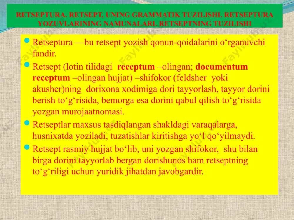 s kabi farqlanishni to‘liq yozish zarur. 3 retsept, uning grammatik tuzilishi. retseptura yozuvlarining namunalari. retseptning tuzilishi retsept quyidagi qismlardan iborat: inscriptio -davolash muassasasining shtampi, shifri hamda manzili va telefon raqami. datum -retsept yozilgan sana. nomen aegrōti -bemorning ism-sharifi va yoshi. nomen medĭci -shifokorning ism-sharifi. invocatio -recĭpe: (rp.:) – ol! fe’lining buyruq mayli birlik sonidagi so‘zi bilan boshlanuvchi shifokorning farmatsevtga murojaati. designatio materiārum -dorining nomi va miqdori. subscriptio -shifokorning dorixona xodimiga dori tayyorlash va berish to‘g‘risida ko‘rsatmasi. signatūra -shifokorning bemorga dorini qabul qilish usuli haqida ko‘rsatmasi. nomen medĭci et sigillum personāle -shifokorning imzosi va shaxsiy muhri. 4 retsept, uning grammatik tuzilishi. retseptura yozuvlarining namunalari. retseptning tuzilishi agar retseptda bitta dori vositasi yozilgan bo‘lsa, bunday retsept oddiy retsept (formŭla remediōrum simplex) deyiladi. retseptning subscriptio qismida shifokor da. signa. so‘zlarini yozadi. agar retseptda ikki yoki undan ko‘p dori vositasi yozilgan bo‘lsa, bunday retsept murakkab retsept (formŭla remediōrum composĭta) deyiladi. retseptning subscriptio qismida shifokor …