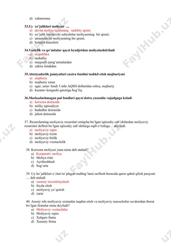 djetidan moliyalashtiriladigan byud-jet mablag’i oluvchilarning joriy xarajatlari c) davlat maqsadli jamg’armalariga beriladigan byudjet dotatsiyalari va ssudalari d) kapital xarajatlarni qoplash uchun yuridik shaxslarga beriladigan byudjet transfertlari 31.shakli bo’yicha ijtimoiy to’lanmalar qanday ko’rinishlarga ega a) pensiyalar, nafaqalar, stipendiyalar, moddiy yordam, imtiyozli to’lanmalar, kompensatsiyalar b) pensiyalar, nafaqalar, stipendiyalar, sug’urta qoplamalari, kompensatsiyalar c) ijtimoiy nafaqalar, byudjet transferlari d) byudjet transfertlari, sug’urta qoplamalari, kompensatsiyalar 32.taftish natijalari qaysi xujjatlar bilan rasmiylashtiriladi a) dalolatnoma b) ma’lumotnoma c) bildirishnoma d) xabarnoma 33.uy xo’jaliklari moliyasi .... a) davlat moliya tizimining tarkibiy qismi b) xo’jalik yurituvchi subyektlar moliyasining bir qismi; c) umumdavlat moliyasining bir qismi; d) byudjet transferti 34.vazirlik va qo’mitalar qaysi byudjetdan moliyalashtiriladi a) respublika b) mahalliy c) maqsadli jamg’armalardan d) zahira fondidan 35.aktsiyadorlik jamiyatlari zaxira fondini tashkil etish majburiymi a) majburiy b) majburiy emas c) agar, ustav fondi 5 mln aqsh dollaridan oshsa, majburiy d) kuzatuv kengashi qaroriga bog’liq 36.markazlashmagan pul fondlari qaysi doira yuzasida vujudgaga keladi …