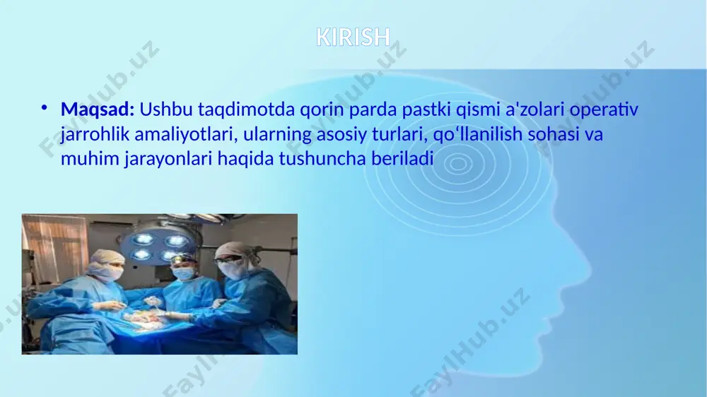 n, endometrioz, qon ketishlar turlari: qisman (subtatal) gistorektomiya to‘liq (total) gistorektomiya operatsiya bosqichlari: qorin bo‘shlig‘iga kirish bachadon arteriyalarining bog‘lanishi bachadonning ajratilishi va olib tashlanishi qorin bo‘shlig‘ining yopilishi prostatektomiya – prostata bezini olib tashlash ko‘rsatmalar: prostata saratoni, adenomasi turlari: radikal, qisman va minimal invaziv usullar bosqichlari: prostata bezining vizualizatsiyasi qon tomirlarini bog‘lash prostata ajratilishi va olib tashlanishi siydik yo‘lining qayta tiklanishi laparoskopik jarrohlik afzalliklari: kichik kesiklar kamroq og‘riq tezroq tiklanish qullanilishi: appendektomiya kolostomiya gisterektomiya chandiqli jarrohlik operatsiya asoratlari infeksiya va yallig‘lanish qon ketish xavfi tromboemboliyalar operatsiyadan keyingi chandiq hosil bo‘lishi ichak tutilishi va boshqa murakkabliklar operatsiyadan keyingi reabilitatsiya dietani saqlash: yengil hazm bo‘ladigan taomlar jismoniy faollik: dastlabki kunlarda cheklangan harakat dorilar: og‘riq qoldiruvchi va yallig‘lanishga qarshi vositalar tiklanish muddati: operatsiya turiga qarab o‘rtacha 2-6 hafta jarrohlarning roli va mas’uliyati operatsiyani to‘g‘ri rejalashtirish jarrohlik texnikalarini mukammal bilish bemor bilan samarali aloqa operatsiyadan keyin bemorga nazorat qilish yangi texnologiyalar va trendlar robot yordamida …