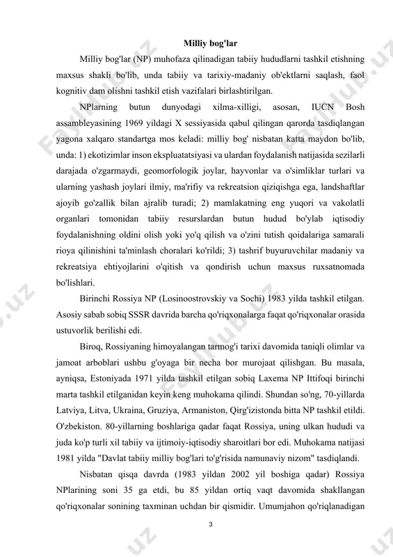 abiiy milliy bog'lari to'g'risida namunaviy nizom" tasdiqlandi. nisbatan qisqa davrda (1983 yildan 2002 yil boshiga qadar) rossiya nplarining soni 35 ga etdi, bu 85 yildan ortiq vaqt davomida shakllangan qo'riqxonalar sonining taxminan uchdan bir qismidir. umumjahon qo'riqlanadigan tabiiy hududlar bilan taqqoslaganda, vaziyat teskarisi: qattiq tabiiy zaxiralar (bizning qo'riqxonalar singari) npdan qariyb 3 baravar kam (mos ravishda, umumiy muhofaza qilinadigan tabiiy hududlarning taxminan 16 va 42%). umuman olganda, np tarmog'i tizimning shakllanishi sifatida sodir bo'lgan deb taxmin qilishimiz mumkin. 1995 yilda rossiya federatsiyasining "alohida muhofaza qilinadigan tabiiy hududlar to'g'risida" gi qonuni qabul qilinishi bu erda muhim rol o'ynadi, u birinchi marta mamlakatimizda np huquqiy maqomini belgilab berdi. 12-bo'limning 12-qismida shunday deyilgan: "milliy bog'lar ekologik, ekologik ta'lim va ilmiy-tadqiqot muassasalari bo'lib, ularning hududlari (suv zonalari) tabiiy majmualar va alohida ekologik, tarixiy va estetik ahamiyatga ega bo'lgan va atrof-muhitni muhofaza qilish uchun foydalanish uchun mo'ljallangan. , ta'lim, ilmiy va madaniy maqsadlarda va tartibga …