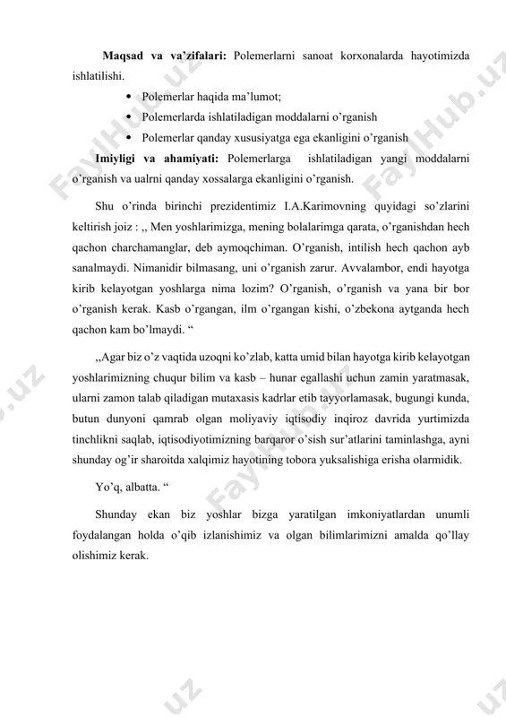 tayyorlamasak, bugungi kunda, butun dunyoni qamrab olgan moliyaviy iqtisodiy inqiroz davrida yurtimizda tinchlikni saqlab, iqtisodiyotimizning barqaror o’sish sur’atlarini taminlashga, ayni shunday og’ir sharoitda xalqimiz hayotining tobora yuksalishiga erisha olarmidik. yo’q, albatta. “ shunday ekan biz yoshlar bizga yaratilgan imkoniyatlardan unumli foydalangan holda o’qib izlanishimiz va olgan bilimlarimizni amalda qo’llay olishimiz kerak. 1.polimerlarning magnit xossalari polimerlar tashqi kuch hisobiga uning makromolekulalar muvozanat holatidan energetik holatni egallaydi. bu holat nomuvozanat holatdir. shuning uchun ham energetik jihatdan muvozanat holatga utishga harakat qiladi. odatda molekula nomuvozanat holatdan muvozanat holatga qaytishi uchun molekula bir vaqt talab qilishadi. bu vaqt relaksatsiya vaqti deb yuritiladi. polimeralrni xarakterlaydigan biror bir kattalik vaqt davomida o`zgarishi analitik ko`rinishi quyidagicha yoziladi. s=s0e–t/τ t-kuzatish vaqti τ -relaksatsiya vaqti s-polimerlarning biror bir parametri polimerlar holati va harakaini o`rganishda hamma vaqt ular uchun tajriba kuzatish vaqti (t) , molekulalar darajasida o`zgarishini ifodalaydigan relaksatsiya vaqti (τ). ideal egiluvchan polimerlar uchun kuchlanishni vaqt davomida deyarli o`zgarmasdir …