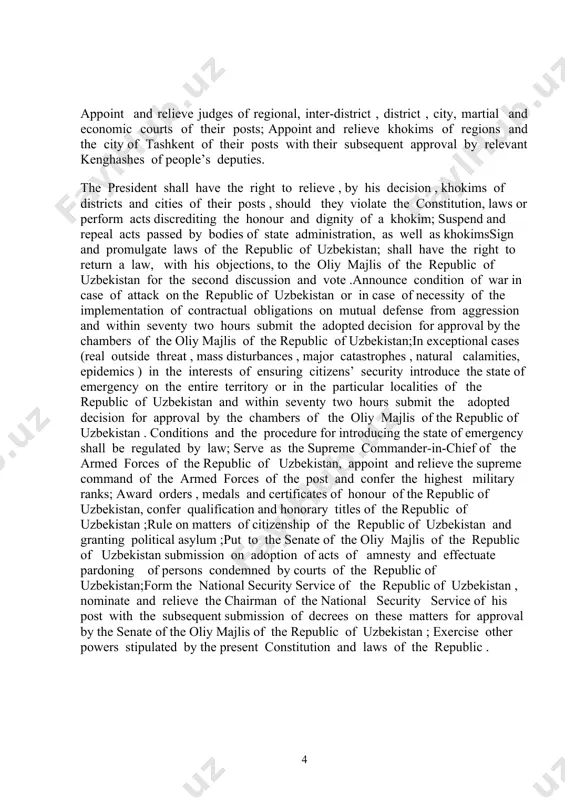 he city of tashkent of their posts with their subsequent approval by relevant kenghashes of people’s deputies. the president shall have the right to relieve , by his decision , khokims of districts and cities of their posts , should they violate the constitution, laws or perform acts discrediting the honour and dignity of a khokim; suspend and repeal acts passed by bodies of state administration, as well as khokimssign and promulgate laws of the republic of uzbekistan; shall have the right to return a law, with his objections, to the oliy majlis of the republic of uzbekistan for the second discussion and vote .announce condition of war in case of attack on the republic of uzbekistan or in case of necessity of the implementation of contractual obligations on mutual defense from aggression and within seventy two hours submit the adopted decision for approval by the chambers of the oliy …