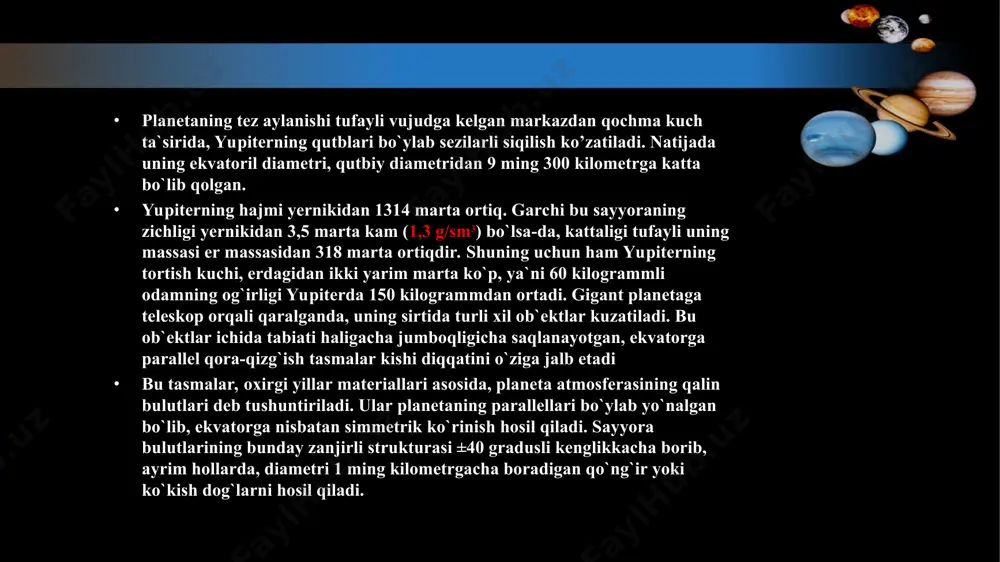 omonidan zarbiy to`lqin chegaralaydi. bunday zarbaviy to`lqin quyoshdan kelayotgan plazmaning tormozlanishidan paydo bo`ladi. yupiterning tungi tomonida magnit moydoni erniki kabi, uzun dum hosil qilib, bir necha yuz million kilometrgacha cho`ziladi. ma`lumki, elektronlar magnit maydonda harakatlanganda ikki xil nurlanadi. bu nurlanishlardan biri tsiklotron nurlanish deyilib, nisbatan kam kuvvatli elektronlarning (0,5 mev gacha energiyali) harakatlanishidan, ikkinchisi esa sinxrotron nurlanish deyilib, relyativistik elektronlarning (tezligi-yorug`lik tezligi kattaligiga yaqin elektronlarning) harakatlanishidan vujudga keladi va dekametrli radionurlanishlarning manbai hisoblanadi. gigant planetaning magnit maydoni zaryadli kosmik zarrachalar bilan ta`sirlashib, ularni o`z sferasida «qafas»ga tushiradi va natijada bunday holat, planeta atrofida, ernikiga o`xshash kuchli radiatsiya kamaralarining paydo bo`lishlariga olib keladi. toroidal shaklidagi (teshikkulcha ko`rinishli) radiatsion kamar, sayyoraning ekvator tekisligiga bir oz osayyoraning ekvator tekisligiga bir oz og`gan holda bo`lib, 1,5 dan to 6 planeta radiusigacha masofaga cho`ziladi. bu poyasda magnit maydoni «asir olgan» elektronlarning energiyasi 3 dan 30 mev gacha oraliqda bo`ladi. planetaning magnitosferasi va radiatsiya kameralari, zaryadli …
