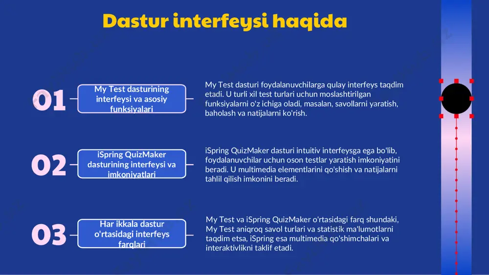 natijalarni baholash va qaror qabul qilish jarayonida muhim rol o'ynaydi. masalan, statistik tahlil yordamida o'quvchilar dasturdagi natijalarini solishtirish imkonini beradi. baholash usullari va yondashuvlar baholash usullari ikki asosiy turga bo'linadi: formativ va summativ baholash. formativ baholash jarayon davomida o'quvchilarning o'zlashtirish darajasini aniqlashga yordam beradi, summativ baholash esa o'qitish jarayonining oxirida natijalarni baholash uchun amalga oshiriladi. baholash metodlarini tanlashda e'tiborga olinishi kerak bo'lgan omillar: o'quvchilarning ehtiyojlari, o'quv dasturi, o'qituvchining maqsadlari va mavjud resurslar. har bir usulning afzalliklari va kamchiliklarini aniqlash zarur. baholash natijalarini tahlil qilish jarayonida, o'quvchilarning kuchli va kuchsiz tomonlarini aniqlash muhim. bu natijalarga asoslangan takliflar berish, o'qitishni takomillashtirish va baholash jarayonini diversifikatsiya qilish uchun samarali strategiyalar ishlab chiqishni talab qiladi. 1 2 3 xulosa my test va ispring quizmaker dasturlari foydalanuvchilar uchun qulay interfeysga ega. har ikkala dasturda test tayyorlash jarayoni sodda va intuitiv tarzda amalga oshiriladi, bu esa o'qituvchilar va talabalar uchun vaqtni tejashga yordam beradi. test yaratish …