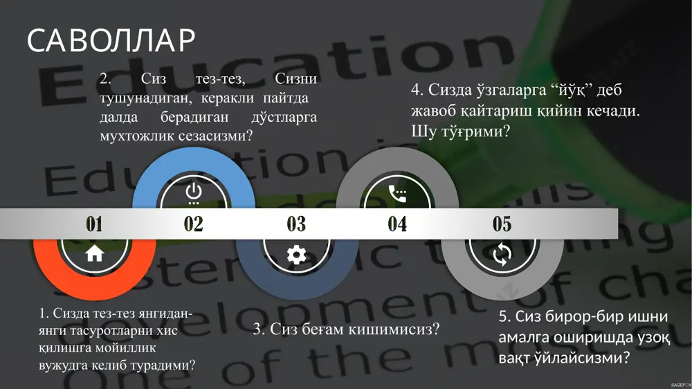ption 39 option 40 option 41 option сиз сержаҳлмисиз? сизга тез активлик кўрсатиш талаб қиладиган ишларни бажариш ёқадими? сизда келгусида бўлиши мумкин бўлган кўнгилсиз воқеаларни ўйлаш туфайли қандайдир безовталик холлари бўлиб турадими? одатда сиз секин ва шошмасдан юрасизми? 43. сиз тез-тез дахшатли тушлар кўриб турасизми. 44. айтишларича, сиз инсонлар билан сухбатлашишни жуда яхши кўрганлигингиз туфайли, нотаниш кишилар билан хам бундай имкониятни қўлдан чиқармасликка харакат қилар экансиз. шу тўғрими? 45. сизни қандайдир жисмоний оғриқлар безовта қилиб турадими? lorem ipsum dolor 42. сиз қачондир ишга ёки учрашувга кеч қолганмисиз? title goes here your subtitle 46 option 47 option 48 option 49 option агар сизни ўзга кишилар билан сухбатлашиш имкониятидан махрум қилишса, сиз ўзингизни бахтсиз киши деб хисоблармидингиз? сиз ўзингизни асабий киши деб хисоблайсизми? танишларингиз ичида сизга яққол ёқмайдигани борми? сиз ўзингизга ўзига ишонган инсонга қарагандай қарай оласизми? 50 option 51 option 52 option 53 option агар кишилар сизнинг шахсий ёки ишдаги камчиликларингизни …