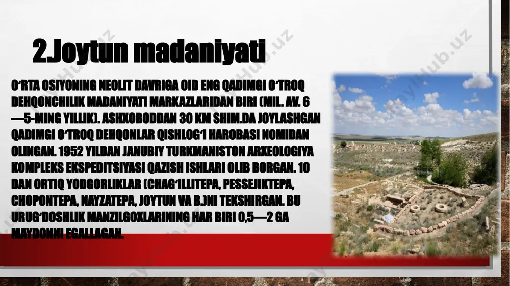 n genetik aloqadorligi ku-zatiladi. misriyon tekisligida dahiston madaniyatiga oid bir qancha vohalar tadqiq etilgan. tekshirishlar natijasida atrek daryosidan suv olgan, kengligi 5–7 m, uz. 50–60 km ga yetgan magistral kanallarga asoslangan sugʻorish tizimlari aniklangan. dehqonchilik xoʻjalikning yetakchi tarmogʻi boʻlgan, bunga yorgʻuchoq, chaqmoqtosh va temir oʻroqlarning koʻplab topilganligi dalil boʻla oladi. jezdan qurol-yarogʻ (shamshirlar va paykonlar) yasashgan. sopol idishlar kulolchilik charxida yasalgan. misriyon vohasida istehkomli va istehkomsiz qishloqlar boʻlganligi aniqlangan, ulardan baʼzilari (mas, izzatquli — 50 ga ga yaqin) juda katta boʻlgan. in-shootlar, asosan, juda yirik xom gʻishtdan qurilgan. izzatqulida markaziy istehkom beshburchak shaklda boʻlib, atrofida turar joy qoldiklari saqlangan, qishloq chetidagi bir nechta joyda xumdonlar topilgan. image3.jpeg image4.png image5.png image6.png image7.png image8.png image9.png image10.png image11.png image12.png