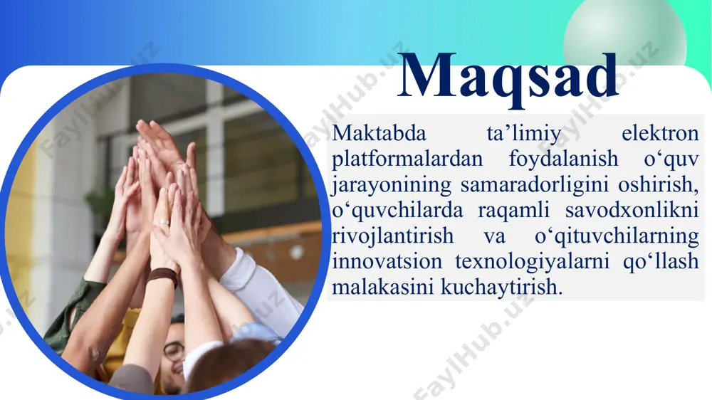 bo‘lsa-da, ko‘pchilik maktablarda ularning imkoniyatlaridan to‘liq foydalanilmayapti. qozogʻiston respublikasi 2020-yildan boshlab barcha umumiy o‘rta ta’lim maktablariga elektron platformalarni majburiy integratsiya qilishni boshlagan. xususan, bilimland, daryn.online, kundelik.kz kabi raqamli taʼlim platformalari orqali o‘quvchilar va o‘qituvchilar darsliklar, testlar, videoresurslar va elektron kundalikdan faol foydalanmoqda. qozogʻiston tajribasiga tayangan holda, barcha maktablar uchun kamida bitta davlat tomonidan belgilangan elektron platformadan muntazam foydalanish majburiyati joriy qilinishi lozim. 3 o‘zbekistonda platformalardan asosan dars jadvallari, o‘quvchilar davomatini kuzatish va ba’zan test topshiriqlarini yuborish uchun foydalaniladi. yaponiyada elektron platformalar nafaqat dars berish, balki darsdan tashqari faoliyat, baholash, ota-onalar bilan aloqa va tahlil ishlarini yuritishda to‘liq integratsiyalashgan. ota-onalar uchun ham raqamli platformalar orqali o‘quv jarayonida ishtirok etish imkoniyatlarini kengaytirish – bu ham shaffoflik, ham hamkorlikni kuchaytiradi. chora-tadbirlar rejasi t/r muammo amalga oshirish mexanizmi mas’ullar muddati natija 1 maktabda o‘quvchilarning platformalardan mustaqil va to‘g‘ri foydalana olmayotganligi. 1. maktabda o‘quvchilar orasida raqamli savodxonlik mashg‘ulotlarini darsdan tashqari tashkil etish 2. amaliy topshiriqlar …