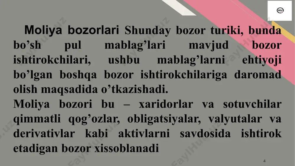 salbiy ta'sir ko'rsatadi. 01f867sa*1 fr 18 xalqaro moliya sohasida moliyaviy inqirozning yuz berishi milliy valuta almashuv kursining tartibga solib bo'lmas darajada pasayishi, mamlakatdan kapitalning keng ko'lamda chiqib ketishi, davlat va tijorat tashkilotlari tashqi qarzi va ular bo'yicha muddati o'tgan qarzdorlik hajmining ortishi, tizimli riskning xalqaro bozorlar va boshqa davlatlar moliya bozorlariga ko'chishiga sabab boladi. fr 19 fr e’tiboringiz uchun raxmat! 20 fr image1.png image2.png image3.png image4.png image5.jpg image6.png image7.png image8.png image9.png image10.png image11.png image12.png image13.png image14.png image15.png image16.png image17.png image18.png image19.png image20.png image21.png image22.png image23.png image24.png image25.png image26.png image27.png image28.png image29.png image30.png
