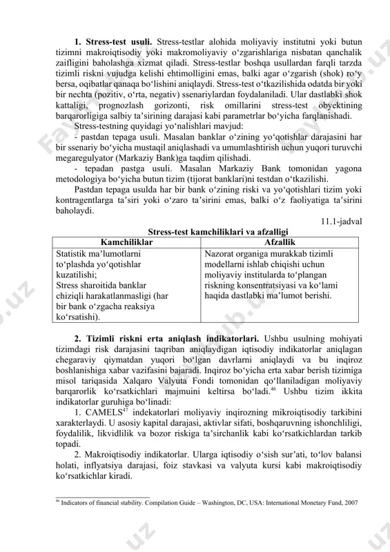 hi riski. bozor risklarini baholash uchun amaliyotda var usulidan keng foydalaniladi. 2008 yildagi inqirozdan keyin bozor risklarini aniqlash va baholash muammosi dolzarb boʻlib qoldi. ushbu davr talabiga munosib iqtisodchi olimlar tomonidan qator statistik usullar va yangi miqdoriy baholash usullari tadqiq qilindi. iqtisodchi olimlar dimitrios bisias, mark flood, andrew w. lo,stavros valavanis tomonidan tadqiq qilingan “asurvey of systemic risk analytics” nomli asarda tizimli riskni turli tomondan miqdoriy baholashning 31ta uslubiyotining sharhi berilgan.45ulurdan amaliyotga joriy qilish imkoniyati nuqtai nazaridan eng samarador va eng keng tarqalgan toʻrtta usulni quyida koʻrib chiqamiz. 45 nicolas blancher, srobona mitra, hanan morsy, akira otani, tiago severo, and laura valderrama. systemic risk monitoring (sysmo) toolkit – a user guide. imf working paper, july 2013. 1. stress-test usuli. stress-testlar alohida moliyaviy institutni yoki butun tizimni makroiqtisodiy yoki makromoliyaviy oʻzgarishlariga nisbatan qanchalik zaifligini baholashga xizmat qiladi. stress-testlar boshqa usullardan farqli tarzda tizimli riskni vujudga kelishi ehtimolligini emas, balki agar oʻzgarish …