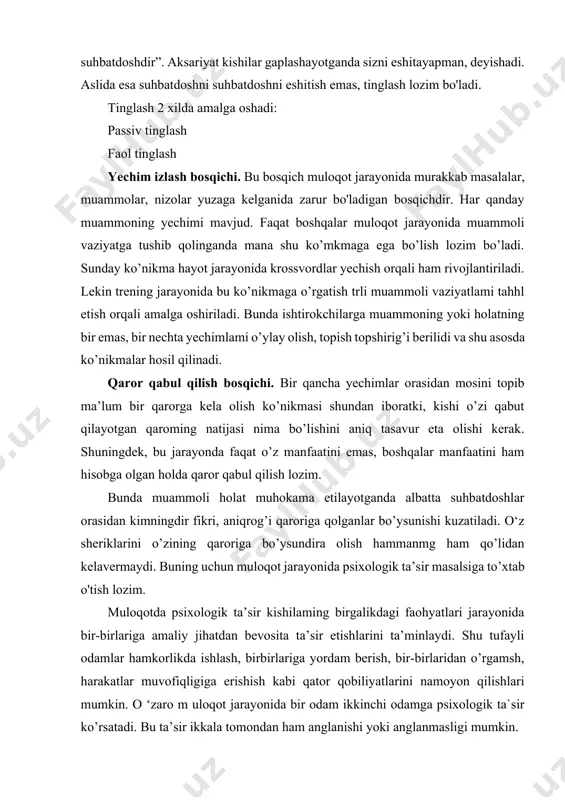 chun bir shaxsning bizga naqadar kuchli ta’sirga ega ekanligini, bosliqa biri esa, aksincha, hech qanday ta’sir kuchiga ega emasligini tushunib yetmaymiz. muloqot jarayonida psixologik ta’sir ko’rsatishning asosiy omili - bu psixologik obro’dir. ya’ni agar so’zlayotgan shaxs biz uchun qaystdtr mavqeda obro’ga ega bo’lsa, biz uni jon-dilimiz bilan tinglaymiz va uning gaplari orqali o’z, xatti-harakatlarimiz yoki xulq-atvorimizni o’zgartirmiz. pedagogik ta’sir qaysidir o’qituvchinmg odobi, o’z kasbini ustasi ekanligi, talabalar qalbini tushuna olishi, ulaming yosh va individual xususiyatlarini hisobga olgan holda ish tutishi uning talabalar orasida ma’lu bir obro’ga ega ekanligini belgilaydi. bunday o’qituvchining aytganlarini har bir talaba iloji boricha bajarishga tayyor bo’ladi. aksincha qaysidir o’qituvchi talabani tushunishga harakat qilsada, ularga juda odob bilan muomala qilsada, uning obro’si yetarli darajada bo’lmaydi va aytganini talabalarga bajartira olmaydi, ham. har bir insonning qadriyatlar tizimi va tasavvur obrazlari mavjud boiib, ma’lum bir inson qaysidir jihatlari bilan shularga mos kelsa, o’sha odam obro’ga ega boiadi. aksincha uning …