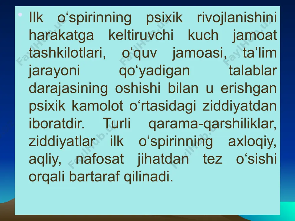 r, chunki bu do‘stlik juda ko‘p ziddiyatlar makonidir. ilk o‘spirinlar do‘stlikka qanchalik intilmasinlar, unga bo‘lgan ehtiyoj prinsipial jihatdan qondirilmay qolaverishi ham mumkin. o‘spirinlarda sevgi hissi bir qancha holatlarga bog‘liq. birinchidan - jinsiy yetilish; ikkinchidan - ishonadigan, suyanadigan va har qanday nozik masalalar bo‘yicha gaplashish mumkin bo‘lgan do‘stga ehtiyoj; uchinchidan - bu tabiiy insoniy ehtiyoj hisoblanib, inson ko‘pincha o‘zini yolg‘iz his qilganida kuchli emosional bog‘liqlikka intiladi. tadqiqotlarning ko‘rsatishicha, bunday tuyg‘u kuchaygan shaklda birinchi bor ilk o‘spirinlik davrida yuzaga keladi. . o‘zini anglash murakkab psixologik struktura bo‘lib, quyidagilarni o‘z ichiga oladi: - birinchidan, bolada tashqi olamdagi predmet ta’siridan paydo bo‘lgan sezgilari o‘z tanasi bilan farq qila boshlaganda vujudga keladi; - ikkinchidan,o‘zining shaxsiy "men"ligini aktiv faoliyati asosida anglashi; - uchinchidan, o‘zining psixik xususiyati va xislatlarini anglashi; - to‘rtinchidan, ijtimoiy, axloqiy o‘z-o‘ziga baho berishning ma’lum sistemasini anglashi.