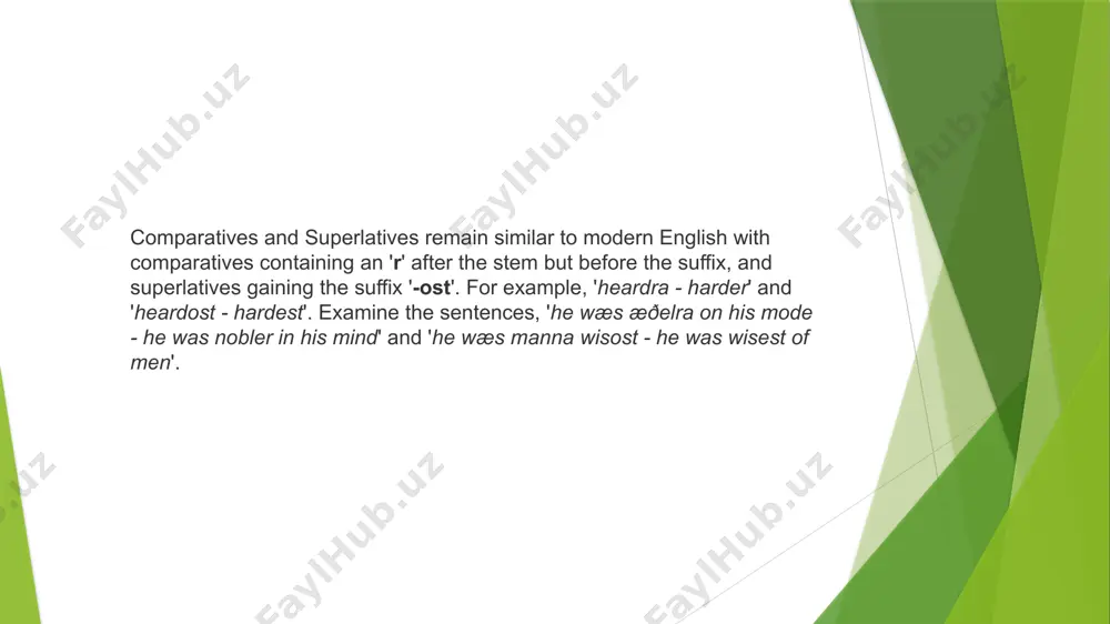 ous techniques). for example, the old english names of metals are neuter, not because they are metals, but because these words historically ended with sounds that can be assigned as neuter. below are means of predicting/remembering gender. in general, a thing that has biological sex will have that same gender; masculine fæder ("father") and feminine mōdor ("mother"), masculine cyning ("king") and feminine cwēn ("queen"), masculine munuc ("monk") and feminine nunne ("nun"), etc. the three major exceptions are neuter wīf ("woman", "wife") and mæġden ("girl"), and masculine wīfmann ("woman"). animal names that refer only to males are masculine (e.g. hana "rooster," henġest "stallion," eofor "boar," fearr "bull," ramm "ram," and bucc "buck"), and animal names that refer only to females are feminine (e.g. henn "hen," mīere "mare," sugu "sow," cū "cow," eowu "ewe," and dā "doe"). the only exception is drān ("drone"), which is feminine even though it refers to male …