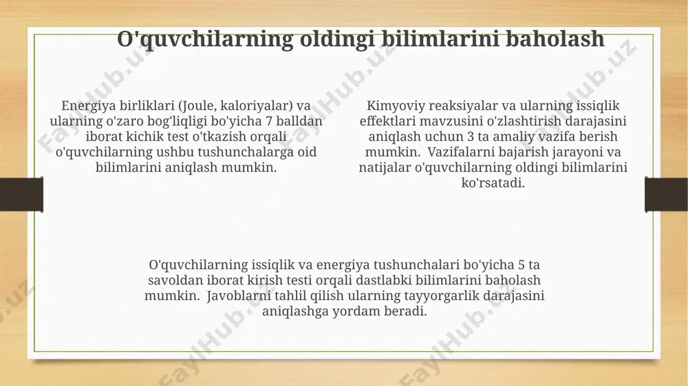 uchun, kalorimetr yaxshi izolyatsiya qilingan bo'lishi kerak, bu taxminan 5% gacha xatolikni kamaytiradi. sirtqi sharoitlar ta'sirini hisobga olish uchun, kalorimetrik tajribalarni bir necha marta takrorlash va o'rtacha natijani olish tavsiya etiladi, bu aniqlikni 2-3% ga oshiradi. amaliy masalalarni yechish amaliy mashg'ulotlar davomida kamida 3 xil yoqilg'i turi (masalan, gaz, yog', ko'mir) uchun yonish issiqligi qiymatlaridan foydalanib, hisob-kitoblarni amalga oshirish orqali o'quvchilarning tushunchalarini mustahkamlash mumkin. amaliy masalalarni yechishda, o'quvchilarga 10 tadan kam emas, har xil murakkablikdagi energiya miqdori hisob-kitoblarini o'z ichiga olgan masalalarni taklif qilish tavsiya etiladi. yoqilg'ining o'ziga xos yonish issiqligi bilan bog'liq amaliy masalalarni yechishda, %10 xatolik chegarasini hisobga olish zarur va natijalarni tahlil qilish ko'nikmalarini rivojlantirishga e'tibor qaratish kerak. yoqilg'ining o'ziga xos yonish issiqligi tushunchasini tushuntirish o'quv jarayonida amaliy misollardan, masalan, 1 kg tabiiy gazning yonishi natijasida hosil bo'ladigan 50 mj issiqlik miqdorini hisoblashdan foydalanish, tushunchani mustahkamlashga yordam beradi. yoqilg'ining o'ziga xos yonish issiqligi 1 kg yoqilg'ining to'liq …