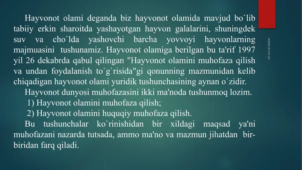 aratilgan yashash muhitida boqilayotgan hayvonot dunyosini muhofaza qilish va ulardan foydalanish sohasidagi munosabatlarni tartibga soladi. shu o`rinda "hayvonot dunyosini muhofaza qilish va undan foydalanish to`g`risida"gi qonunning 30- moddasida "hayvonot dunyosini muhofaza qilish tadbirlari" ko`rsatilgan. www.arxiv.uz hayvonot dunyosidan foydalanish huquqi va tartibi hayvonot dunyosidan foydalanish huquqi deb fauna huquqida belgilangan yuridik va jismoniy shaxslarning hayvonot olami obyektlaridan foydalanish sohasida huquq va majburiyatlarni ta'minlaydigan me'yorlar yig`indisiga aytiladi. hayvonot olamidan foydalanish huquqi tushunchasini to`liq tushunish uchun hayvonot olamidan foydalanish turlari xaqida to`xtalib o`tish lozim. hayvonot olami obyektlaridan oqilona foydalanish hamda ularni muhofaza qilinishini amalga oshirish uchun bu muhim ahamiyatga ega. shu o`rinda "hayvonot olamini muhofaza qilish va undan foydalanish to`g`risida"gi qonunning 17- moddasi diqqatga sazovordir. www.arxiv.uz shundan kelib chiqib, hayvonot olamidan foydalanishni quyidagicha turlarga bo`lish mumkin: - ov qilish; - baliq ovlash; - hayvonot dunyosidan ilmiy, madaniy-ma'rifiy, tarbiyaviy va estetik maqsadlarda foydalanish; - hayvonlar faoliyatining foydali xususiyatlaridan foydalanish; - hayvonlardan ularning faoliyati mahsulotlarini …