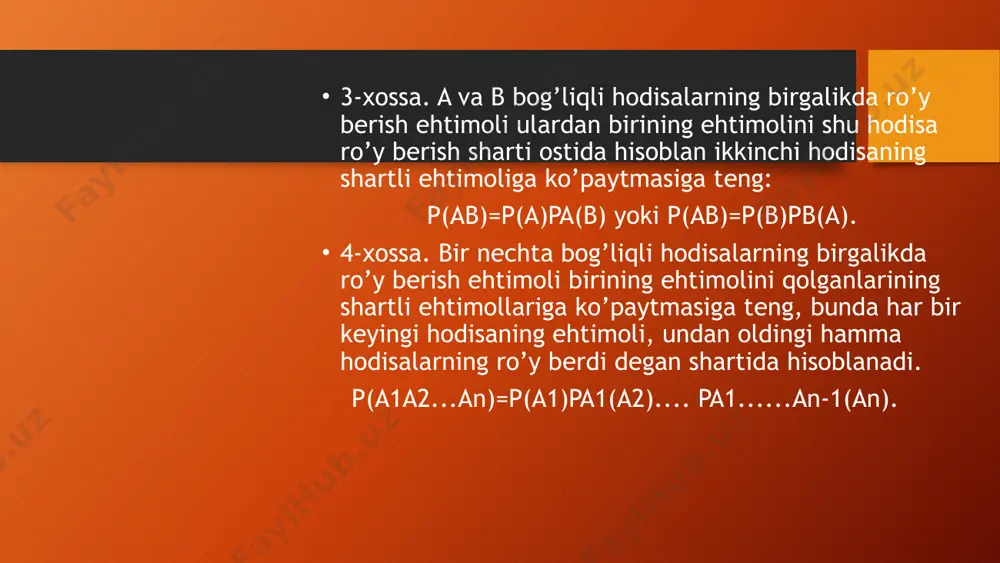bar tomonidan ishlab chiqqan. laplas bayes ehtimoli rivojlanishi uchun javobgar bo'lgan matematik sifatida tan olingan. this presentation uses a free template provided by fppt.com www.free-power-point-templates.com bayes teoremasi uchun formulani yozishning bir necha xil usullari mavjud. eng keng tarqalgan shakli: p (a-b) = p (b-a) p (a) / p (b) bu erda a va b ikkita hodisa va p (b) ≠ 0 p (a-b) - bu b haqiqat ekanligini hisobga olsak, a hodisaning sodir bo'lishining shartli ehtimoli. p (b-a) - bu a haqiqat ekanligini hisobga olgan holda b hodisasining sodir bo'lishining shartli ehtimoli. p (a) va p (b) - bu a va b ning bir-biridan mustaqil ravishda yuzaga kelish ehtimoli (marginal ehtimollik). this presentation uses a free template provided by fppt.com www.free-power-point-templates.com misol siz pichan bezgagi bo'lsa, odamning romatoid artrit bilan kasallanish ehtimolini topishni xohlashingiz mumkin. ushbu misolda "pichan bezgagi" bu romatoid artrit uchun sinovdir (hodisa). a "bemorda romatoid artrit bor". …