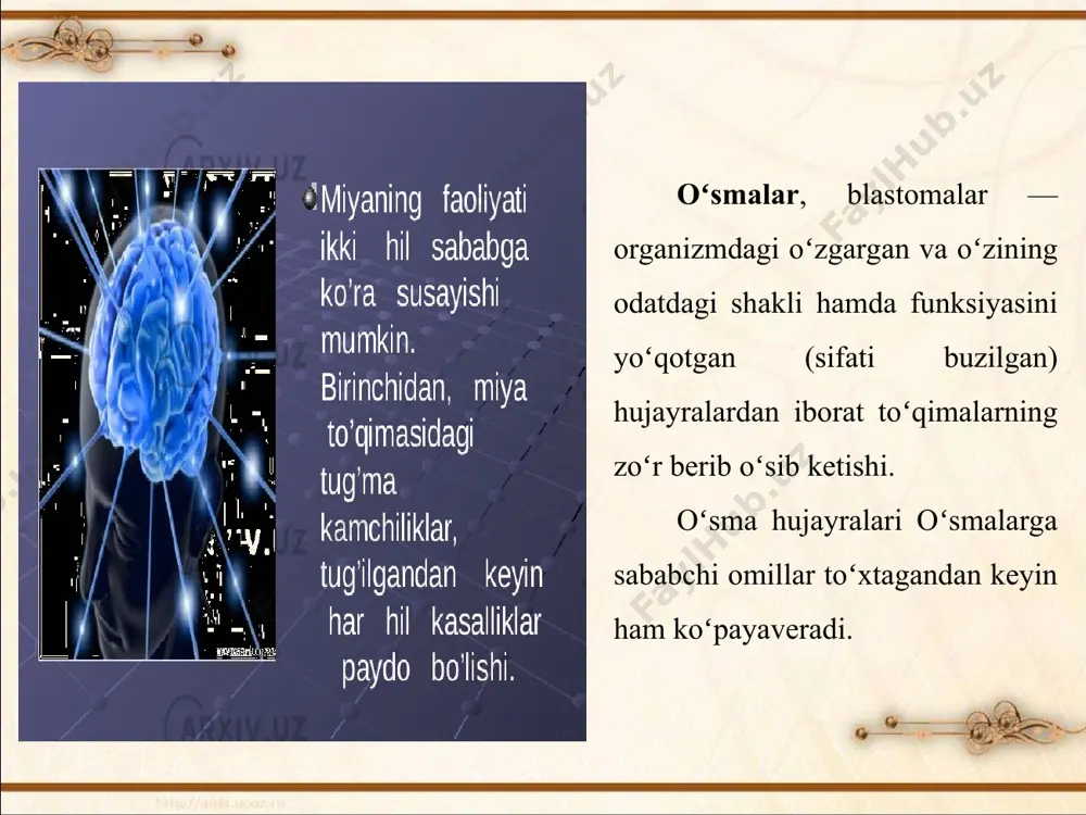 . oʻsmalar, odatda 40 yoshdan keyin paydo boʻladi. ammo yoshlar va hatto, bolalarda ham uchratish mumkin. oʻsnalarning oldini olish ularning kelib chiqishiga (gigiyenik profilaktika) va rivojlanishiga qarshi (rakning klinik profilaktikasi) tadbirlardan iborat. gigiyenik profilaktika organizmga kanserogen taʼsir koʻrsatadigan omillarni yoʻqotish yoki ularning miqdorini kamaytirishdan; klinik profilaktika esa oʻsma oldi kasalliklarini oʻz vaqtida aniqlab, davolashdan iborat. aholi oʻrtasida muntazam (sistemali) ommaviy profilaktik tekshiruvlar oʻtkazish va ayrim aholi guruhlarini dispanserizatsiya qilish katta ahamiyatga ega. kasallikning boshlangʻich belgilari paydo boʻlganda darhol vrachga murojaat qilish kasallikni barvaqt aniqlashda nihoyatda muhim. oʻsmalar diagnostikasi bemorni klinik instrumental tekshirish (soʻrash, kuzatish, maxsus tekshirish usullarini qoʻllash va har xil tahlillar oʻtkazish)ga asoslangan. ichki aʼzolar (meʼda, oʻpka, tuxumdon, yoʻgʻon ichak, meʼda osti bezi va boshqalar)dagi oʻsmalarni barvakt aniqlash (diagnoz qoʻyish) ancha mushkul boʻlib, bunda rentgenologik, radioizotop, endoskopik, morfologik, immunologik, kompyuter tomografiya, biopsiya olish va boshqalar maxsus tekshirish usullaridan foydalaniladi. xavfli oʻsmalar kompleks usulda davolanadi. oʻsmalar paydo boʻlgan aʼzoga, uning …