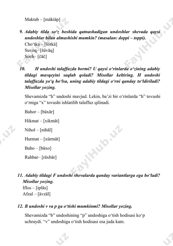 ki – [čäkki] 25. ovqat pishirishda qo‘llaniladigan predmet va jarayon nomlari. -ovqat pishirishda qoʻllaniladigan predmetlar; qozon – [qāzān] kapkir – [käpkir] taxtakach – [täxtäkäč] pichoq – [pičo:] tovoq – [tāvā:] lagan – [lägän] tova – [tāvä] qoshiq – [qāšiq] tarelka – [tärelkä] mantiqosqon – [mäntiqāsqān] oʻqlov – [öqlāv] joʻva – [jövä] fartuk – [färtük] sochiq – [sāčiγ] -jarayon nomlari; ovqat pishir – [āvqät pišir] ovqat solmoq – [āvqät sālmāq] tugmoq – [tügmāq] xamir yoymoq – [xämir jājmāq] qaynatmoq – [qajnätmāq] qovurmoq – [qāvürmāq] qoʻzgʻamoq – [qöǯγämāq] ovqat suzmoq – [āvqät süzmāq] 26. ovqat nomlari. osh – [āš] manti – [mänti] somsa – [sāmsä] tokosh – [tākāš] mastava – [mästävä] qozonkavob – [qāzānkävāb] moshxoʻrda – [māšxördä] moshshovo – [māššāvā] boʻgʻirso: – [böγirsā:] xonim – [xānim] jarkop – [ǯärkop] lagʻmon – [läγmān] qaynatma – [qäjnätmä] shovla – [šāvlä] yupqa – [jüpqä] gʻilmindi – [γilmindi] dimlama – [dimlämä] makaron – [mäkärān] quymoq – …