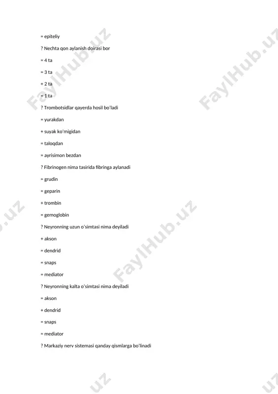 g ….. yadrolari joylashgan. +simpatik ,vegetativ =parasimpatik =simpatik,avershut =vegetativ, parasimpatik ? rasmda ishora bilan nima ko’rsatilgan? +thalamus =gipofiz =epifiz =miyacha ? uzunchoq miyaning oq moddasi qanday hosil bo’ladi? +moddasi o’tkazish yo’llarining tolalaridan hosil bo’ladi. =hujayralardan =to’qimalardan =sistemadan ?orqa miya ko’krak qismi zararlandi.ko’krak qism segmentiga qaysilar kiradi? +2th-12th =1th-10th =3th-9th =2th-9th ?orqa miyada nechta kengayma mavjud? +2ta bo’yin va bel =2ta bo’yin va ko’krak =1ta bel 1ta ko’krak ? orqa miya uzunligi qancha bo’ladi(sm)? +42-45 =40-47 =33-35 =36-40 ? rasmda 5-raqamda nechinchi segmentda zararlanishi kuzatilyapti? +7 th ning to’la zararlanishi =4 th ning yarim zararlanishi =2 l ning zararlanishi =ot dumi zararlangan ? ichki va tashqi muhit ta ’sirlariga markaziy nerv sistemasi orqali qaytariladigan javob reaksiyasi.nima deyiladi? +refleks =tormozlanish =qo’zg’alish =inversiya ? retseptorlar nechi guruhga bo’linadi? +3ta =2ta =1ta =4ta ? proprioretseptorlar qayerda joylashadi? +muskul, pay,bo’g’imlar da =ichki a’zolarda =teri , ko’z,quloqlarda =miyada ? refleksning yuzaga chiqishida qo‘zg‘ahsh oladigan yo’l nima …