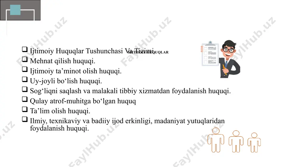 uy-joyidan mahrum etilgan mulkdorga uy-joyning qiymati hamda u ko‘rgan zararlarning o‘rni qonunda nazarda tutilgan hollarda va tartibda oldindan hamda teng qiymatda qoplanishi ta’minlanadi. davlat uy-joy qurilishini rag‘batlantiradi va uy-joyga bo‘lgan huquqning amalga oshirilishi uchun shart-sharoitlar yaratadi. aholining ijtimoiy jihatdan ehtiyojmand toifalarini uy-joy bilan ta’minlash tartibi qonun bilan belgilanadi. sog‘liqni saqlash va malakali tibbiy xizmatdan foydalanish huquqi har kim sog‘lig‘ini saqlash va malakali tibbiy xizmatdan foydalanish huquqiga ega. o‘zbekiston respublikasi fuqarolari tibbiy yordamning kafolatlangan hajmini qonunda belgilangan tartibda davlat hisobidan olishga haqli. davlat sog‘liqni saqlash tizimini, uning davlat va nodavlat shakllarini, tibbiy sug‘urtaning har xil turlarini rivojlantirish, aholining sanitariya-epidemiologik osoyishtaligini ta’minlash choralarini ko‘radi. davlat jismoniy tarbiya va sportni rivojlantirish, aholi o‘rtasida sog‘lom turmush tarzini shakllantirish uchun shart-sharoitlar yaratadi. qulay atrof-muhitga bo‘lgan huquq har kim qulay atrof-muhitga, uning holati to‘g‘risidagi ishonchli axborotga ega bo‘lish huquqiga ega. davlat fuqarolarning ekologik huquqlarini ta’minlash va atrof-muhitga zararli ta’sir ko‘rsatilishiga yo‘l qo‘ymaslik maqsadida shaharsozlik faoliyati sohasida …