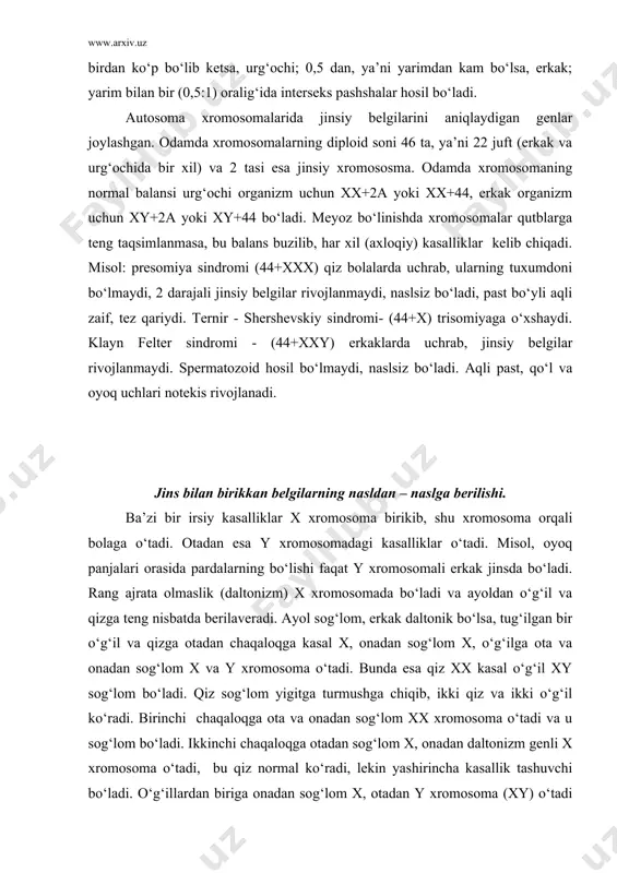 omosoma o‘tadi, bu qiz normal ko‘radi, lekin yashirincha kasallik tashuvchi bo‘ladi. o‘g‘illardan biriga onadan sog‘lom x, otadan y xromosoma (xy) o‘tadi va sog‘lom bo‘ladi. ikkinchi o‘g‘ilga onadan kasal gen x, otadan y xromosoma o‘tadi. u rangni ajrata olmaydi. onadan kasal x genli xromosoma olgan o‘g‘il va chaqaloqning 50 foizi shu kasalga duchor bo‘ladi. olachipor tovuq bilan qora tusli xo‘roz chatishtirilganda, f1 da olachipor xo‘roz va qora tovuq jo‘jalar hosil bo‘ladi. sababi olachipor tovuqning x geni dominant bo‘lib, y xromosomada pat rangiga ta’sir etadigan gen bo‘lmaydi. xo‘rozning 2 ta x xromosomasida qora rang beruvchi gen retsissivdir: olachipor qora tovuq xo‘roz ху х хх f1 хх ху olachipor qora jo‘ja jo‘ja xo‘roz xromosomalarning genetik va sitologik kartasi. bitta birikish gruppasida genlarning nisbiy joylashish sxemasi xromosomalarning genetik kartasi deyiladi. har bir juft gomologik xromosomalar uchun genetik karta tuziladi. bunday kartalar genetik jihatdan juda yaxshi o‘rganilgan ob’ektlar uchungina tuziladi. genetik karta sxemalarida genlar orasidagi …