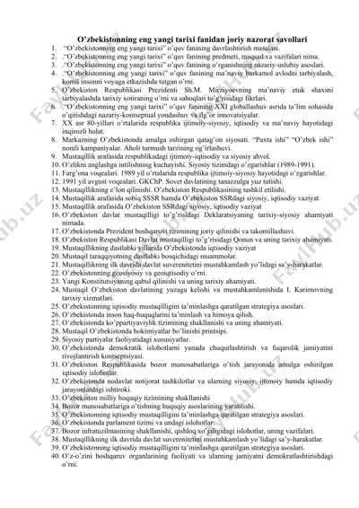 o’zbekistonning eng yangi tarixi fanidan joriy nazorat savollari — DOCX