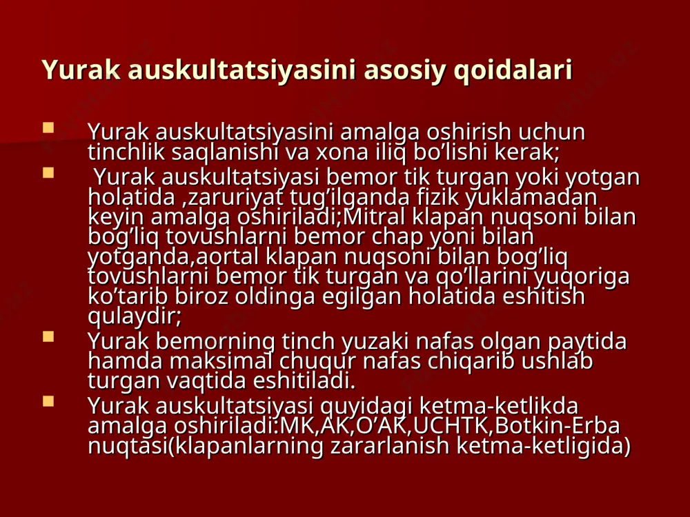 mos keladi; xarakteri bo’yicha i ton ii tonga nisbatan past va uzun . yurak tonlari ii ton aortal va o’pka arteriyasi klapanlarining yopilishidan xosil bo’ladi; ii ton komponentlari : klapanli, tomirli. diastola paytida qisqa pauzadan keyin xosil bo’ladi,yurak asosida yaxshi eshitiladi, i tonga nisbatan qisqaroq va balandroq; yurak tonlari iii ton diastola vaqtida tez to’lish davri oxirida qorinchalar devorining tebranishidan yuzaga keladi. iv ton qorinchalar diastolasi oxirida uning tez to’lishi bilan bog’liq xolda bo’lmachalar qisqarishi hisobiga yuzaga keladi. esda tuting: yurak patologik iii tonining xosil bo’lish sabablari hisoblanadi: yurak yetishmovchiligi bo’lgan bemorlarda qorincha miokardi qisqaruvchanligining sezilarli pasayishi, o’tkir miokard infarkti, miokardit va yurak mushaklarining o’gir zararlanishi; bo’lmachalar hajmining sezilarli kattalashishi (mitral klapan va uch tabaqali klapan yetishmovchiligi); vagotoniyasi bo’lgan bemorlarda diastolik gipertonus (yurak nevrozlari, oshqozon va 12 b.i. kasalligi va boshq.); qorinchalar miokardining rivojlangan gipertrofiyasi va chandiqli o’zgarishlari natijasida diastolik rigidlikning oshishi,shuningdek diastolik bo’shashishning pasayishiga olib kelishi esda tuting: patologik …