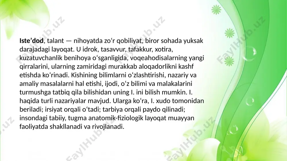 ini amalga oshirish va boshqarishning psixologik va motor (harakat) asoslari. ularga quyidagilar kiradi: statistik kuch; dinamik kuch; keskin harakatlardagi kuch; umumiy moslashuvchanlik qobiliyati; epchillik; umumiy chidamlilik; maxsus faoliyatga chidamlilik; muvozanatni tuta olish. biror faoliyatning ayniqsa muvaffaqiyatli, mustaqil va original tarzda bajarilishini taqozo qiladigan zor qobiliyatlar birikmasi talant deyiladi. ijodiy faoliyatga qobiliyatli bolgan kishilarni talantli kishilar jumlasiga kiritish mumkin. shaxs qobiliyatlarining rivojlanish darajasi ikki turga bo'linadi: - reproduktiv, odam turli xil ko'nikmalarni muvaffaqiyatli egallash, bilimlarni o'zlashtirish va qo'llash, shuningdek, ilgari tavsiya etilgan model yoki g'oya bo'yicha faoliyatni amalga oshirish qobiliyatini namoyish etganda; - ijodiy, agar inson yangi, o'ziga xos bir narsa yaratish qobiliyatiga ega bo'lsa. bilim va ko'nikmalarni muvaffaqiyatli egallash jarayonida odam rivojlanishning bir darajasidan ikkinchisiga o'tadi. e`tiboringiz uchun rahmat image2.jpeg image3.jpeg image4.jpg image5.jpg image6.jpg image1.jpg /docprops/thumbnail.jpeg