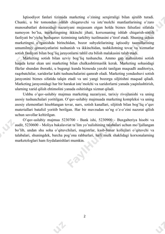 masala sifatida belgilanishi, mavjud o’quv-metodik adabiyotlarni xorijiy manbalar asosida muntazam yangilab borish talabini keltirib chiqaradi. mamlakatimiz iqtisodiyotining istiqbolga mo’ljallangan asosiy vazifa va ustuvor yo’nalishlari avvalo bu barcha sohalarning yuqori sur’atlar bilan o’sib borishini ta’minlash, buning uchun mavjud barcha rezerv va imkoniyatlarni safarbar etishga qaratilgan strategiyani izchil amalga oshirishda “marketing” fanida o’rganiladigan mavzular va nazariy-amaliy masalalar muhim ahamiyat kasb etadi. iqtisodiyot fanlari tizimida marketing o’zining serqirraligi bilan ajralib turadi. chunki, u bir tomondan ishlab chiqaruvchi va iste’molchi manfaatlarining o’zaro munosabatlari doirasidagi nazariyani mujassam etgan holda biznes falsafasi sifatida namoyon bo’lsa, marketingning ikkinchi jihati, korxonaning ishlab chiqarish-sotish faoliyati bo’yicha boshqaruv tizimining tarkibiy tuzilmasini e’tirof etadi. shuning uchun marketingni o’rganishda birinchidan, bozor subyektlarining iqtisodiy taomillarining umumilmiy qonuniyatlarini tushunish va ikkinchidan, tashkilotning tovar va xizmatlar sotish faoliyati bilan bog’liq jarayonlarni tahlil eta bilish malakasini talab etadi. marketing sotish bilan uzviy bog’liq tushuncha. ammo gap mahsulotni sotish haqida ketar ekan uni marketing bilan chalkashtirmaslik kerak. …