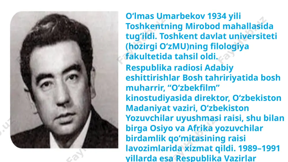 лқ хўжалиги институтига сиртдан ўқишга кирган. 1967 йили уни марказий универмагга товаровед қилиб олишган. 68-йилнинг апрелида ўрта ер денгизи бўйлаб туристик саёҳатда бўлган. ўша йили, у институтни битиргач, бош товаровед бўлиб «гулчеҳра» магазинига тайинланган. 8 asarda belgilangan asosiy joylar: chorsu samarqand darvoza toshkent mehmonxonasi square toshmi chet tillar instituti inturist firmasi toshdu qoʻqon shahri o‘lmas umarbekovning barcha asarlari kabi “yoz yomg‘iri" qissasida ham hayot nafasi, haqiqatning shakl-shamoyili yorqin bo‘yoqlarda aks etadi. yozuvchi qalbidan otilib chiqqan nurli bitiklar o‘quvchi qalbida ham nurli tuyg‘ularni uyg‘otadi. ushbu qissani o‘qigach bunga yana bir bora amin bo‘lasiz asarda insonlarning bir biriga boʻlgan muhabbati insonlarning boylikka boʻlgan muhabbati qarama qarshi tarzda ochib berilgan.asar oʻquvchini detektivligi bilan oʻziga jalb qilib oxirigacha oʻqishni majbur qiladi. qissaning “yoz yomgʻiri” deb nomlanishida ham katta ramziy maʼno bor. zero, yozda yoqqan yomgʻir bexosiyat, zararli boʻladi. ekin-tikin, bogʻ-rogʻlarga shira tushadi, katta maʼnaviy-iqtisodiy zarar keltiradi. asarda esa jamiyatda yuz berib turadigan va boylik, …