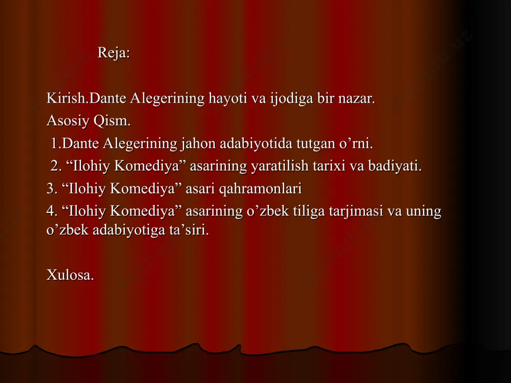 eziyasining eng yaxshi namunalari uning “yangi hayot” to’plamiga kiritilgan. “ilohiy komediya” – dante ijodining kamolotga erishgan davridagi siyosiy, falsafiy va adabiy faoliyatining yakuni sifatida bunyodga kelgan. dante o’z asrini “komediya” deb atagan. yozuvchi vafotidan ancha keyin unga “ilohiy” so’zi qo’shilgan, bu so’zdan kitob diniy xarakterda degan xulosa chiqmaydi, balki bu nom uning badiiy jihatdan yuksak asar ekanini ifodalash uchun qo’llangan. dante “ilohiy komediya”ni yaratishda o’rta asrlardagi “videniye” (hayoliy ertak) janridagi allegoriya va simvolikadan foydalangan, biroq unda diniy adabiyotga targ’ib qilingan “narigi dunyo” g’oyasi va itoatkorlik emas, balki real hayot bilan bog’liq muhim masalalar tasvirlangan. dostonning o’ziga xos antik tuzilgan badiiy qurilmasi bor. asarning har bir qismi 33 qo’shiqdan tuzilgan, kirish qismi esa bir qo’shiq, hammasi bo’lib 100 qo’shiqdan iboratdir. poemaning birinchi (“do’zax”) qismi uning ikkinchi (“atrof”) va uchinchi (“jannat”) qismlaridan badiiy tomondan yuqori turadi, chunki unda dunyoviy ehtiroslar bilan bog’liq bo’lgan voqealar aks etadi. ilohiy komediya asarida antik adabiyotning yirik …
