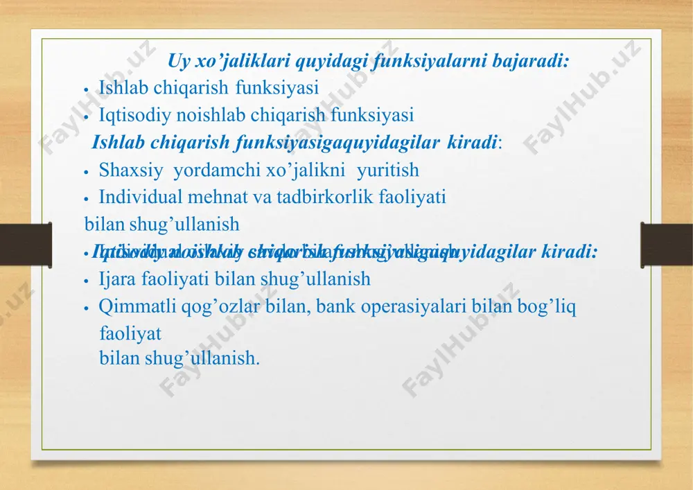 aytataqsimlashnatijasida keladiganmablag’lar– pensiyalar,turlinafaqalar. uyxo’jaliklarining moliyaviyresurslarimarkazlashmagan moliyaviy resurslargakiradivamamlakat moliyaviy resurslariningaylanishi bilanbevositabog’liq uyxo’jaliklarimoliyaviyresurslariningaylanishichizmasi 1–soliqlar, 2–transfert to’lovlar, 3–kreditlar, 4–sug’urta badallari, 5– ijtimoiy himoya, 6–jamg’arilgan mablag’lar, 7–foizlar, foyda, renta, 8– ish haqi, 9–tovar va xizmatlar, ishchi kuchi bahosi 1 2 turlidarajadagibudjet mablag'lari 3 4 7 8 9 5 3 uy xo'jaliklarining moliyaviy repsurslari moliyaviy bozor budjetdan tashqari fondlarning mablag'lari korxonalarning moliyaviy resurslari uyxo’jaligimoliyasi markazlashganmoliya(davlatva mahalliybyudjet,byudjetdan tashqariijtimoiyfond)va markazlashmaganmoliya(korxonalarmoliyasi,moliyaviy bozor)bilano’zarobog’langan.ularo’rtasidabirtomonlama, ikkitomonlamavako’ptomonlamauzluksizpuloqimlari vujudgakeladi.davlatvauyxo’jaliklario’rtasida pul oqimlariningdoimiyharakativujudgakeladi.uyxo’jaligi a`zolari davlatsektorigao’zmehnatinitaqdimetishadi,tovar vaxizmatlarinidavlatgasotishadi.buningevazigaishhaqiva daromadolishadi. shuningdek,moliyaviymunosabatlar byudjetgava byudjetdantashqariijtimoiyfondlargasoliqlar,yig’imlar,boj vaturliajratmalarnito’lashdahamvujudgakeladi.bundan tashqari,uyxo’jaliklaridavlatdanturlihiltransfertto’lovlarini, naturalshakldagine`matvaxizmatlarniolishadi. uyxo’jaligi bilannodavlatsektori–korxonalar,tashkilotlar, kompaniyalar o’rtasidahampuloqimlarivujudgakeladi.uyxo’jaliklari korxonava tashkilotlarning tovarva xizmatlaridan foydalanishadi,ularningbahosinipulshaklidaqaytarishadi. shuningdekyuridikshaxslaruyxo’jaliklarinikreditresurslar, foydadivident,foiz,ijarahaqiko’rinishidagidaromadlarbilan ta`minlashimumkin. uyxo’jaligibyudjeti moliyaviyresurslar uyxo’jaligibyudjetinishakllantiradi. o’ziningmoddiymohiyatigako’rauyxo’jaligibyudjeti–bu uyxo’jaligipulmablag’larifondinishakllantirishva foydalanishshaklidir.uo’zidauyxo’jaligia`zolarining