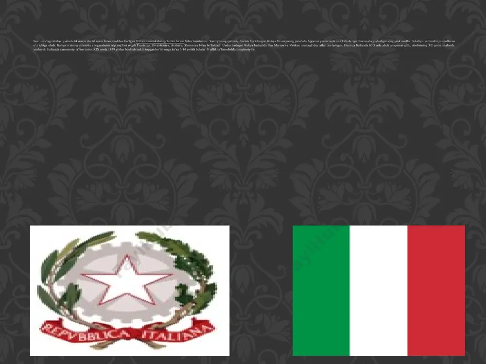 turli yoshdagi bolalar tahsil olishadi, sinfda 6-12 nafar o’quvchi bo’ladi ularga bitta o’qituvchi birlashtiriladi. ushbu maktablar tog’li va aholi juda zich joylashgan shaharlarda tashkil etilib, ularda bolalari bilan shug’ullanish imkoniyatiga ega bo’lmaganlar ota –onalar yoki juda band oilalar murojoat etishadi. kasbiy ta’lim: o’rta maktabni tugatgan 14 yoshli bolalar o’zlari xoxlagan 2 yo’nalishda: kasbiy ta’lim beruvchi o’quv yurtlariga (kollej) va litseylar (akademik maktablar) tahsil olishga majburdirlar (o’qish davomiyligi 5 yilni tashkil etadi). kasbiy ta’lim oluvchilar uchun talab juda qattiq bo’lib, o’qishga qabul qilinganlarning 50% o’quv yurtini bitira oladi. kasbiy ta’limni olgan o’quvchilar universitetlarga qabul qilinishadi. o’zbekistonda o’rta maktabni bitirgan o’quvchilar xohishiga ko’ra kollej va litseylarda o’qishni davom ettirishga majburdirlar, ushbu o’quv yurtlarida o’qish 3 yilni o’z ichiga olib bitiruvchilarga diplom beriladi va shu asnoda oliy o’quv yurtlari (universitet va institut)ga o’qishga qabul qilinadi. oliy ta’lim: datslabki o’quv yurtlari v asr o’rtalarida yuzaga kelgan bo’lib, 1088yili ilk universitet italiyaning bolonya shahrida ochilgan …
