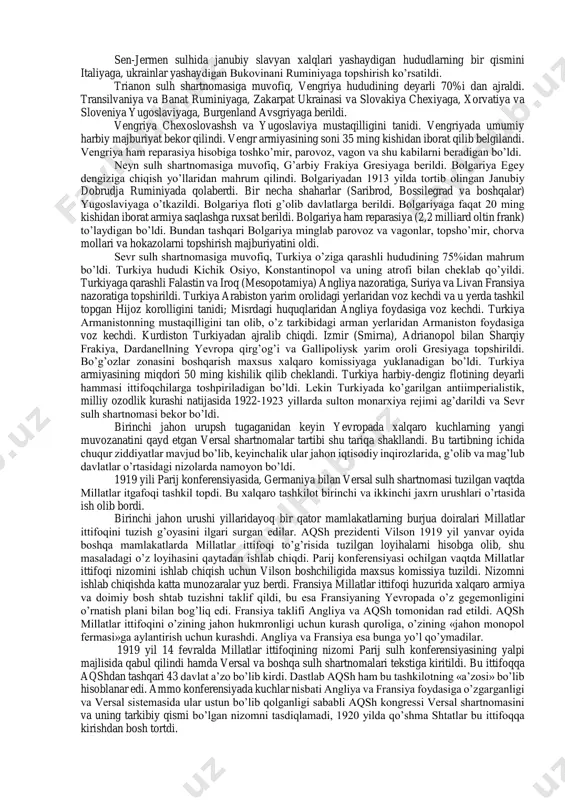 lh shartnomasini toppshrish vaqtida qatnashtirildi. konferensiyada kichik davlatlarning fikrlari e’tiborga olinmadi. konferensiyada aqsh (prezident vilson), angliya (bosh ministr lloyd jorj), fransiya (klemanso, konferensiya raisi) va italiya (orlando asosiy rol o’ynadilar. ulardan tashkil topgan «to’rtlar soveti» eng asosiy organ bo’lib, bir qancha yashirin kengashlar o’tkazdi hamda ular xalqlar va davlatlarning taqdiri yuzasidan surbetlarcha savdolashdilar. asosiy davlatlarning tutgan mavkelari bir-biriga zid, ko’pincha tamomila qarama-qarshi edi. eng muhimi, antanta ittifoqi avval boshdan maxfiy shartnomalar, yashirin bitimlar asosiga qurilgan bo’lib, yangi vaziyatda bu kelishuvlarni amalga oshirib bo’lmasdi. ana shu shartnomalarga ko’ra, rossiya istambulni olishi va dardanell bo’g’ozi ustidan nazorat o’rnatishi, buning evaziga fransiyaning elzas-lotaringiyaga egalik qilish huquqini hamda angliyaning misr ustidan nazoratini e’tirof etishi zarur edi. ruminiyaga transilvaniyani berish va’da qilingan, ammo bu vengriya manfaatlariga mos kelmasdi. angliya arab xalqlariga usmonli imperiyasidan chiqish va arab davlatlari tuzinshi taklif etdi. ayni paytda bu taklif angliya va fransiyaning yaqin sharqni bo’lib olish haqidagi kelishuvlariga zid edi. …