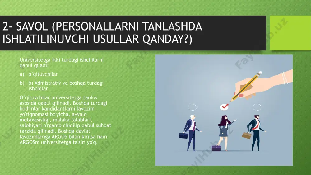 qo'yiladi (mentorship) va shu asnoda sekin-sekin o'rgatiladi xodim moslashtiriladi. suhbat audiosi e’tiboringiz uchun rahmat tuzuvchilar intervyu oluvchilar: orziqulov burhoniddin, xaydarov maqsudbek intervyu beruvchi: kadrlar bo’limi ishchisi hayitmurodov jo’rabek namoyish qiluvchi: vohidov muhammadzohid image2.png image3.png image4.jpeg image5.jpg image6.jpg image7.jpg image8.jpeg image9.jpeg image10.jpg image11.jpg image12.jpeg media1.mp3 image13.png image14.jpg image1.png null 507.54865 /docprops/thumbnail.jpeg