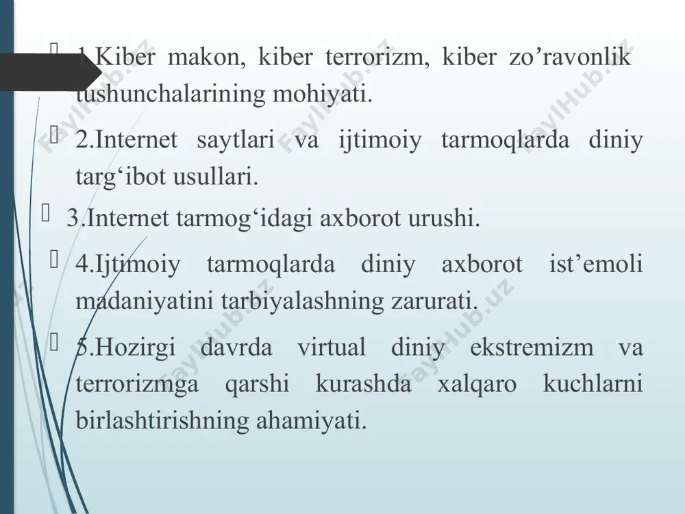 ини интернет орқали тарқатишди: қозоғистонга нисбатан – «жунд ул-халифа» («халифалик аскарлари»); қирғизистонга нисбатан – «жаиши жамаати ал-махди» («махди жамоати жангчилари»); тожикистонга нисбатан – «жамоати ансаруллоҳ» («ансаруллоҳ жамоати»). 12 юқорида таъкидланган террористик гуруҳлар ҳақида қисқача маълумот «жунд ул-халифат» террористик ташкилоти 2011 йилнинг ёзида қозоғистонда ташкил этилган, етакчиси қозоғистон фуқароси ринат хабидулла. асосий мақсадлари бу мамлакат ҳудудида террорчилик хуружларини содир этиш. жумладан, 2011 йилнинг 25 октябрида ринат хабидулла интернет («shumukh al-islam.com») орқали қилган видео мурожаатида қозоғистон ҳукуматини таҳдид билан огоҳлантирган. 2011 йилнинг 1 ноябридаги видео мурожаатда эса 2011 йилнинг 31 октаябрида атирау шаҳрида содир этилган террорчилик ҳаракатни ўз зиммасига олган. қирғизистон миллий хавфсизлик қўмитаси раисининг таъкидлашича, «жаиши жамаати ал-махди» террористик гуруҳи 2007 йилдан бери ўзларининг ноқонуний ҳаракатларини ташкиллаштириб келишган. қирғизистон фуқароси советбек исламов етакчилик қилаётган бу гуруҳ олдинига қирғизистон кейинчалик марказий осиё ҳудудида халифалик қуришни мақсад қилган ва бу ҳақда 2011 йилнинг 17 январида интернет орқали қилган видео мурожаатида маълум қилган. аввал …