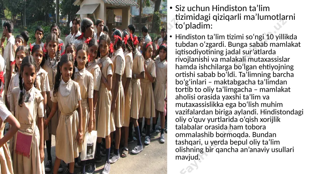 asrda tashkil topgan – nalanda universiteti. ko‘plab abituriyentlar aynan shu universitetda o‘qishni orzu qilishadi. nufuzli universitetlar qatoriga – kalkutta, mumbay, dehli, rojaston universitetlarini kiritish mumkin. ularning har birida 130-150 ming talaba tahsil oladi. so‘nggi 10 yillikda hindiston iqtisodiyoti rivojlanishi sababli injener-muhandislik yo‘nalishidagi universitetlar soni ko‘paydi. bu borada hindiston texnlogiya instituti va menejment instituti munosib ko‘riladi. oxirgi yillarda mamlakatda chet ellik talabalar ko‘payib ketdi – talabalarning 50 foizi chet elliklar. oliygohlarni tamomlovchi talabalarning 40 foizi gumanitar sohalarni tamomlashadi. shu bilan birga, mamlakatda yevropa ta’lim tizimidan tashqari, an’anaviy – milliy ruhdagi oliy o‘quv yurtlari ham muvjud. bunday oliygohlarda talabalar mamlakat madaniyati, tarixi, san’ati va tillarini o‘rganishadi. e’tiboringiz uchun rahmat! image1.jpg image2.png image3.png image4.png image5.png image6.png image7.png image8.png image9.png image10.png image11.png image12.png image13.png image14.png image15.png image16.png image17.png image18.png image19.png image20.jpg /docprops/thumbnail.jpeg