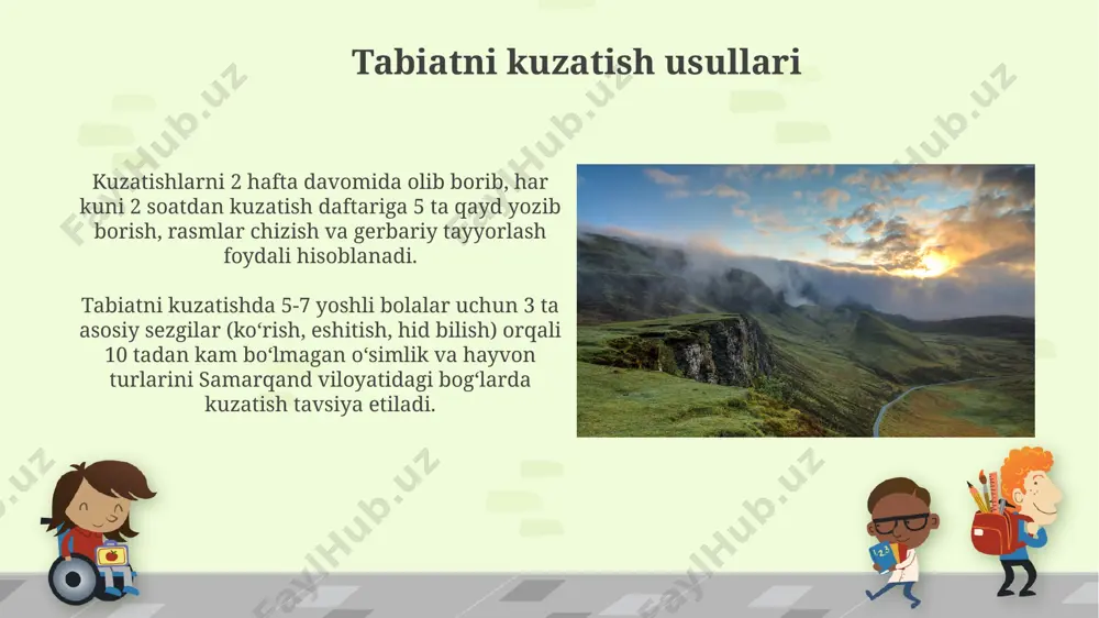 siklini kuzatish va 20 ta tajriba o'tkazish orqali bolalarda chuqur tushuncha shakllantirishga yordam beradi. tajriba va tajribalar самарқанд вилоятидаги 20 та оилада амалга оширилган кузатувлар, 3-5 ёшли болаларнинг ўсимлик ва ҳайвонот олами ҳақидаги билимларининг ривожланишига ижодий ўйинларнинг самарали таъсирини тасдиқлади. тошкент шаҳридаги 5 та боғчада ўтказилган тажрибалар натижалари 70% болаларда табиатга бўлган қизиқишнинг ошганини кўрсатди. samaradorlikni oshirish yo'llari samaradorlikni oshirish uchun 5-7 yoshli bolalar bilan tabiatshunoslikka oid 30 daqiqalik mashg'ulotlarni samarqand viloyati maktabgacha ta'lim muassasalarida amaliyotga joriy etish, natijalarni tahlil qilish va takomillashtirish kerak. oila va maktabgacha ta'lim muassasalari o'rtasidagi hamkorlikni kuchaytirish, masalan, farg'ona vodiysidagi 10 ta oila bilan birgalikda loyihalar amalga oshirish orqali, bolalarning tabiatshunoslikka bo'lgan bilimlarini 15% ga oshirish mumkin. tabiatshunoslikning ahamiyati tabiatshunoslik darslari orqali bolalar 10 ga yaqin amaliy ko'nikmalarni, masalan, kuzatish, taqqoslash va tasniflashni o'rganadilar, bu esa ularning mantiqiy fikrlash qobiliyatlarini 30% ga oshiradi va kelajakdagi o'qishlariga yordam beradi. tabiatshunoslik bolaning 5-7 yoshdagi rivojlanishi uchun muhim, …