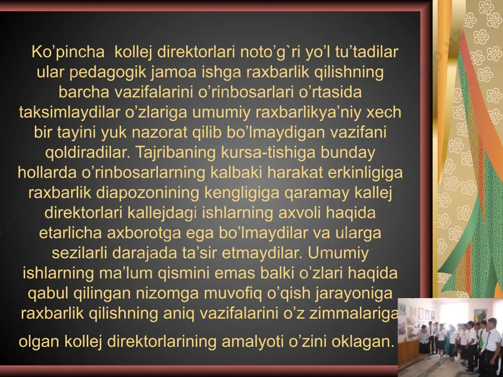 rini qo’shib olib borishi o’quvchilar bilimini tekshirish tizimi o’qitishda ko’rgazmali yoki texnikaviy vositalarni qo’llash o’quvchilarning darslardagi mustaqil ishlari utilgan o’quv materiallarini takrorlash va mustaxkamlashni tashkil qilish . ma’lumotlarni mavzuviy ko’zatish kollej raxbarlarining nazariy o’qitish darslari va ishla chiqarish mashғulotlariga kirishlari puxta uylangan reja bo’yicha olib boriladi. pedagogik nazoratni to’g`ri tashkil qilishning zaruriy sharti uni maqsadga yunalganlik tavsifini, kollej raxbarlari ishning (korrinasiyasi) va birligini ta’minlovchi rejalashtirishdir. nazoratning rejalashtirishning yagona tizimi bo’lmaganligi uchun u ko’pgina ta’lim – tarbiyaviy jarayonning barcha tomonlarini qamrab olmaydi, keraqli maqsadga yunalmaydi, tasodifiy harakter kasb etadi. rejalashtirilgan nazorat o’z vaqtida xatolarning oldini olish va o’qitishda aniqlangan kiyinchiliklarni bartaraf qilish imkonini beradi. kollej raxbarlari tmonidan qilingan pedagogik nazorati kollej raxbarlari tmonidan qilingan pedagogik nazorat-ning saviyasi va ta’sirchanligi avvalo ularning tayyorlanish darajalariga bog`liqdir. darslarni to’ғri analiz qilish uchun raxbarlar ta’lim – tarbiya viy ishning mazmuni va tashkil qilini-shini, o’quvchilarni o’qitish hamda tarbiyalashning metod va formalarini, o’quv hamda yigma mavzuviy reja …