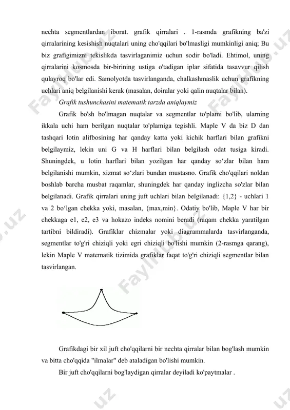 beradi. musobaqalarda o'ynalgan o'yinlar sonini topamiz (1-laboratoriyaga qarang, 1-rasm), ya'ni mos keladigan grafikning qirralari sonini. > bilan ( tarmoqlar ): > g:=new(): addvertex({a, b, c, d, e, f}, g): ulanish ({f}, {e, a, b, d}, g): ulanish ({d}, {e, a}, g): ulanish ({b}, {e, c}, g): addge({a, c}, g): chizish (konsentrik([b, a, f,]); > nops (qirralar (g)); bizda 9 ta chekka o'yin bor (rasmga qarang). xuddi shunday, biz grafikning uchlari sonini topishimiz mumkin. > nops(cho'qqilar(g)); keling, maple v buyruqlari yordamida grafiklar yaratishning bir necha misollarini ko'rib chiqaylik. avval grafikni qog'ozga chizish tavsiya etiladi. harfni grafik sifatida talqin qilish misolini ko'rib chiqaylik, masalan, j. muammoning turli xil echimlaridan eng maqbulini tanlash kerak. bundan tashqari, grafik to'g'ri bo'lishi kerak. > bilan (tarmoqlar): > g := void (7): ulash ({4}, {1, 2, 3, 5, 6, 7}, g ): chizish ( g ); bizda j harfiga umuman o'xshamaydigan chizma bor. keling, grafikni boshqacha chizamiz. …