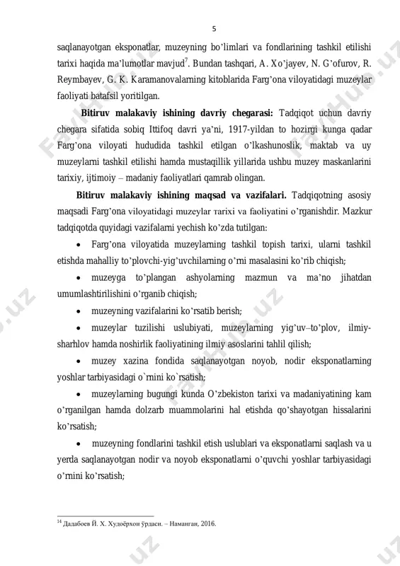 lat muzeyi, farg‟ona viloyati tumanlarida faoliyat yuritgan uy muzeylarining tarixi va faoliyati bo‟yicha farg‟ona viloyati tumanlarida faoliyat yuritayotgan uy muzeylarining arxiv fondi tadqiqotimizning ob‟yekti va predmetini tashkil etadi. bitiruv malakaviy ishi natijalarining ilmiy-amaliy ahamiyati. bitiruv malakaviy ishida qayd etilgan takliflar, ishlab chiqilgan xulosalar farg‟ona viloyatidagi muzeylarholatlarini yaqqol tasavvur etishgaimkon beradi. bitiruv malakaviy ishida ilmiy xulosalar o‟zbekiston tarixining mazkur davr bo‟yicha mavjud bo‟shlig‟ini to‟ldiradi. tadqiqotda keltirilgan ma‟lumotlar ilmiy asosga ega bo‟lib, asosiy xulosa va tavsiyalari muzeylar faoliyatini takomillashtirishda, uning samaradorligini oshirishga yo‟naltirilgan tadbirlarni ishlab chiqishda qo‟llanilishi mumkin. shuningdek, tadqiqot natijalaridan muzey ishida, oliy va o‟rta maxsus o‟quv yurtlari tizimida ma‟ruza va seminar mashg‟ulotlarini o‟tkazishda, ta‟lim jatumanida hamda darsliklar, o‟quv - uslubiy qo‟llanmalar, ilmiy risolalar yozishda foydalanish mumkin. bitiruv malakaviy ishning tarkibiy tuzilishi. bitiruv malakaviy ish o‟z oldiga qo‟ygan maqsad va vazifalarni inobatga olgan holda kirish, ikkita bob va beshta bo‟lim, xulosa, foydalanilgan manbalar va adabiyotlar ro‟yxati, ilovalardan iborat. bitiruv malakaviy ishining …