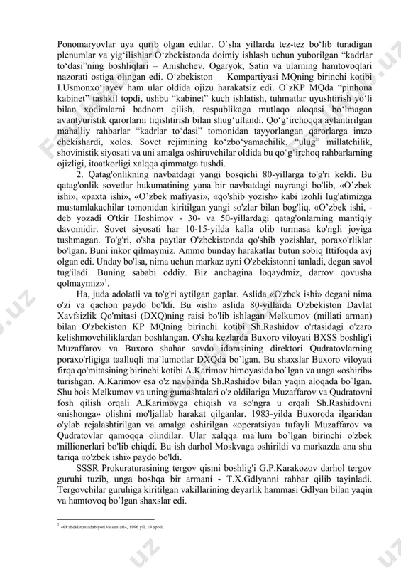 ’minlashga urinish bo‘ldi. ammo, bu sa’y-harakatlar ham behuda ketdi. to‘g‘ri, jamiyatni demokratlashtirish, oshkoralik, turli xil fikrlar birldirishga imkon berish tomon ijobiy qadamlar qo‘yildi. matbuotda, radio va televideniyada turli xil fikr-mulohazalar erkin aytiladigan bo‘ldi. “qayta qurish” siyosati davrida iqtisodiyotda juda kuchli buzilishlar ro‘y berdi. markaz “qayta qurish”ning ilmiy va nazariy jihatdan puxta va aniq-ravshan dasturini ishlab chiqolmadi. iqtisodiy siyosat puxta o‘ylab ko‘rilmagan sinov va eksperimentlarga asoslangan edi. mamlakat imkoniyatlarini hisobga olmasdan xalq xo‘jaligining barcha sohalarini bir vaqtning o‘zida rivojlantirishdan iborat noto‘g’ri yo‘l tutildi. sovet rahbariyati mamlakatni tanglikdan, inqirozdan chiqarish uchun ma’muriy-buyruqbozlik tizimini, hamma resurslarni markazlashtirilgan tarzda rejalashtirish asosida boshqarish va taqsimlash yo‘lidan tartibga solinadigan bozor iqtisodiyotiga o‘tish kerakligini o‘z vaqtida payqamadi, buni juda kech tushundi. 1990-yilga kelganda bozor iqtisodiyotiga o‘tish zaruriyati anglandi, dasturlar tuzildi, qarorlar qabul qilindi. biroq, vaqt ham boy berilgan edi. iqtisodiyot batamom barbod bo‘lgan, moliyaviy va narx-navo tizimi izdan chiqqan, boshqaruv mexanizmi falaj bo‘lib qolgan edi. sssr ich-ichidan …