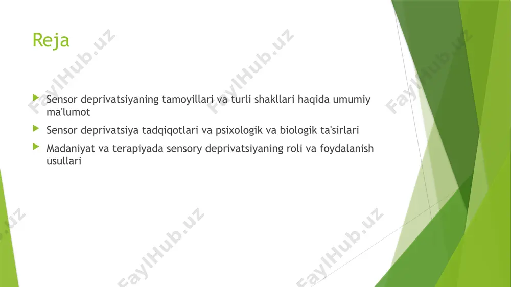 i shakllarini yuzaga keltiradi. psixologik va biologik aloqalar sensory deprivatsiya psixologik holatlarni biologik jarayonlar bilan bog'lab, stress darajasi, g'ayritabiiy fikrlar va miyadagi kimyoviy o'zgarishlarni yuzaga keltiradi. sensor deprivatsiyaning psixologik ta'sirlari va inson ruhiyatiga ta'siri 1 psixologik ta'sirlar sensory deprivatsiya stress, xavotir va depressiya kabi psixologik muammalarni keltirib chiqarishi mumkin, shuningdek, shaxsiylik va identitetni o'zgartiradi. 2 ruhiyatdagi o'zgarishlar uzun muddatli sensory deprivatsiya halüskinasiyalar, qiziqishlarning kamayishi va ruhiy tushkunlik kabi muhim ruhiy o'zgarishlarga olib kelishi mumkin. 3 empatiya va xissiyotlar bu jarayon insonning xissiyotlarini boshqarishni qiyinlashtirishi va boshqalar bilan empatiya qilish qobiliyatini pasaytirishi mumkin, shuningdek, yangi ruhiy holatlar yuzaga keladi. 4 psixologik xavfsizlik sensory deprivatsiya psixologik xavfsizlikni buzishi mumkin, ayniqsa, uzoq davom etadigan va nazoratsiz holatlarda, shaxsning psixikasi ziyon ko'rishi ehtimoli yuqori. biologik jarayonlar va sensor deprivatsiya o'rtasidagi aloqalar 1 neyrobiologik jarayonlar sensor deprivatsiya asoratida miya neyrobiologik jarayonlar, ayniqsa, neyroplastiklik va sinaptik shakllanishlar o'zgaradi, bu esa muayyan sezgilarni kamaytiradi yoki to'xtatadi. 2 …