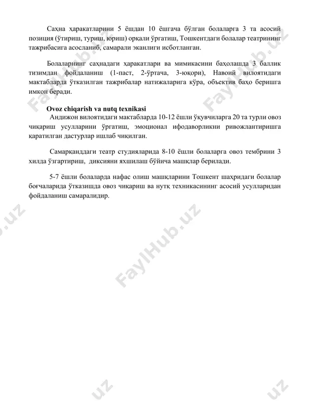 qarish va nutq texnikasi андижон вилоятидаги мактабларда 10-12 ёшли ўқувчиларга 20 та турли овоз чиқариш усулларини ўргатиш, эмоционал ифодаворликни ривожлантиришга қаратилган дастурлар ишлаб чиқилган. самарқанддаги театр студияларида 8-10 ёшли болаларга овоз тембрини 3 хилда ўзгартириш, диксияни яхшилаш бўйича машқлар берилади. 5-7 ёшли болаларда нафас олиш машқларини тошкент шаҳридаги болалар боғчаларида ўтказишда овоз чиқариш ва нутқ техникасининг асосий усулларидан фойдаланиш самаралидир. 📌xulosa болаларда саҳналаштириш ва ижодий фаолиятни ривожлантириш уларнинг тафаккур қобилиятини, ижодий салоҳиятини оширади, ўз-ўзини ифода этиш малакаларини шакллантиради ва бадиий тарбия беради. бу жараён болаларнинг шахсини ҳар томонлама ривожлантиришга хизмат қилади. 📚foydalanilgan adabiyotlar 1. bolalarni sahnalashtirish va ijodiy faoliyatga o'rgatish bo'yicha qo'llanma. (muallif va nashriyot ma'lumotlari kerak) 2. yosh avlodning ijodiy salohiyatini rivojlantirishda sahnalashtirishning ahamiyati. (muallif va nashriyot ma'lumotlari kerak) 3. maktabgacha yoshdagi bolalar bilan teatrlashtirilgan o'yinlar. (muallif va nashriyot ma'lumotlari kerak) 4