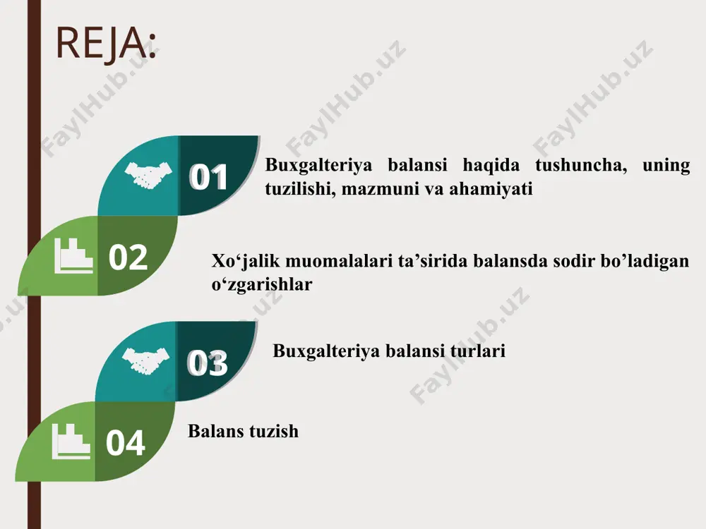 umlashtirish balans tarkibi va strukturasi ii. joriy aktivlar 100% 100% aktiv balans aktivi 400-satr passiv i. o’z mablag’ manbalari 010-120-сатр 1000-5900 140-380-satr jami 1-bo’lim 130-satr jami 2-bo’lim 390-satr 8300-8900 410-470-satr jami 1-bo’lim 480-satr ii. majburiyatlar 6000-7900 490-760-satr jami 2-bo’lim 770-satr balans passivi 780-satr i. uzoq muddatli aktivlar 0100-0990 = © copyright presentationgo.com – the free powerpoint template library 6 ma’lum bir shaxs, biznes tashkilot yoki mamlakat tomonidan egalik qilinadigan hamda kelgusida iqtisodiy foyda keltiruvchi iqtisodiy qiymat uzoq muddatli aktivlar likvidlikni o‘zida namoyon qiladigan naqd pul mablag’lari joriy aktivlar biznesdagi obligatsiyalar, mavjud bo‘lgan qarzlar yokitashqi ishtirokchilar va kreditorlarning da’volari o’z mablag’ manbalari 7 bu kompaniyaning moliyaviy qarzi yoki o‘z faoliyati davomida paydo bo‘lgan majburiyatlar majburiyatlar . aktiv oshishi aktiv kamayishi a + p + aktiv oshishi passiv oshishi p – p + passiv oshishi passiv kamayishi 8 p – a – passiv kamayishi aktiv kamayishi balansda bo’ladigan o’zgarishlar a + a …