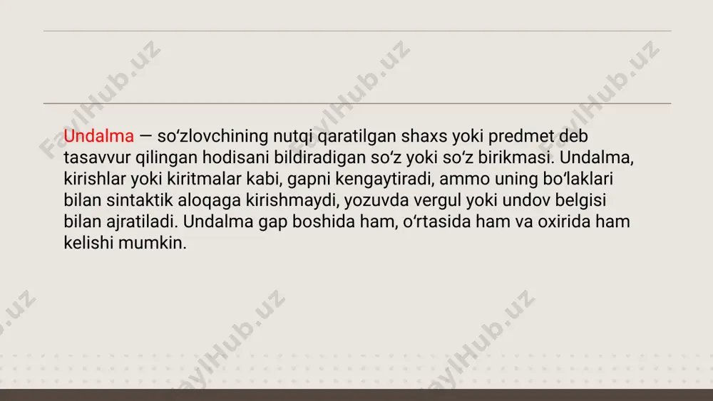 i. 5. ravish tipidagi kirish so‘zlar: dastlab, oxir, nihoyat, umuman, asosan, aksincha kabilar. 6. fe’l tipidagi kirish so‘zlar: kechirasiz, deyman, anglashiladiki kabilar. shunga ko‘ra, kirish so‘zlar quyidagi turlarga bo‘linadi: click to edit master text styles second level third level fourth level fifth level image2.png image1.png