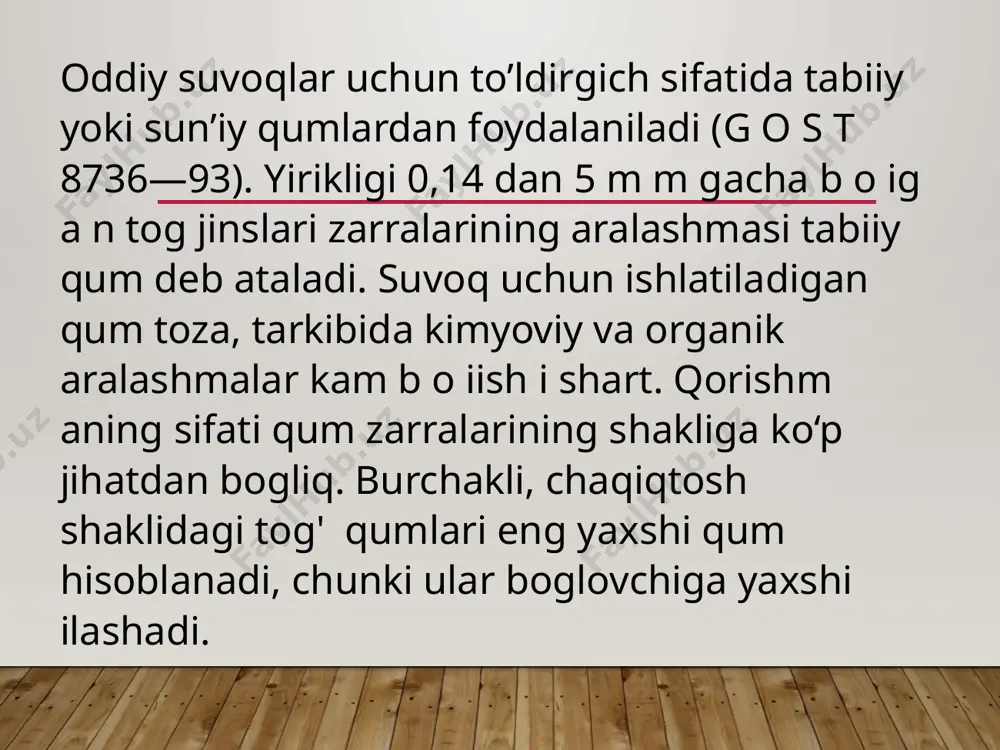 n kukunning yirikligi esa 0,1—0,2 mm atrofida boiishi kerak. suv (g o s t 23732 — 79). suvoq qorishmalari tayyorlashda, odatda, ichimlik suv, ya’ni vodoprovod suvidan foydalaniladi. bu maqsadda vodorod ko‘rsatkichi ph < 4 bo’lgan va tarkibida mineral tuzlar miqdori 5 g/1 dan ko‘p b o lm a g a n , shuningdek tarkibida boglovchining normal qotishiga to'sqinlik qiladigan hamda qorishmaning rang va mustahkamligiga ta’sir qilmaydigan zararli aralashmalari bo’lmagan tabiiy ariq suvidan ham foydalanish mumkin. botqoq, ko’lmak va sho‘r suvdan foydalanish mumkin emas. suvoq qorishmalariga zarur xossalar berish (masalan, qorishma qotishini tezlatish, sekinlatish), boglovchi sarfini kamaytirish va boshqa maqsadlarda qo ‘shilmalar q o ‘shiladi. qo‘shimchalar vazifasiga ko‘ra: plastifikatorlar, toldiruvchi, qotishni tezlatuvchi va sekinlatuvchilarga bolinadi. plastifikatlovchi qo‘shimchalar suvni tutib turish va bu bilan quruq — issiq sharoitda qorishmani yoyiluvchan holatda tutib turish uchun xizmat qiladi. sem ent qorishmalariga plastifikatlovchi qo‘shimchalar sifatida, ko'pincha, anorganik yoki organik tarkibli har xil moddalar qo‘shiladi. murakkab“ …