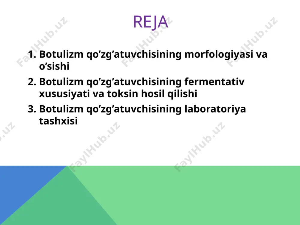 ko’p miqdorda ekzotoksin ajraladi. bu barcha biologik, ya’ni bakteriya toksinlaridan kuchli hisoblanadi. u fizik omillar hamda me’da shirasi ta’siriga chidamli, shuning uchun o’zgarmasdan qonga so’riladi, ammo 100 c qaynatilganda bir necha daqiqada parchalanadi. antigen tuzilishi va chidamliligi antigen tuzilishi: botulizm bakteriyalari umumiy o– va maxsus xivchinli h-- antigenlarga ega. kulturalari antigen tuzilishi va toksiniga ko’ra 8 ta serologik variantlarga bo’linadi. shulardan a, b, e serovarlar keng tarqalgan bo’lib, asosan, odamlarda kasallik keltirib chiqaradi. n– antigen maxsus bo’lib, har bir serovarga xosdir. chidamliligi: s. botulinum hayvon va odamlar najasi orqali tabiiy sharoitda tashqi muhitga tushib turadi. tuproqda bakteriyalar spora holatida uzoq muddat saqlanibgina qolmay, balki ko’payadi ham. vegetativ holatidagilar 80 c da 30 daqiqada o’ladi. spora holatidagilar 120 c haroratda avtoklavda 30 daqiqaga, 20% li fenol eritmalarida 24 soatgacha chidaydi. laboratoriya tashxisi tekshirish uchun bemordan qusuq, me’da chayindisi, najas, murdadan me’da-ichak suyuqligi, jigardan autopsiya olinadi. bundan tashqari, iste’mol qilingan ovqat qoldig’i, …